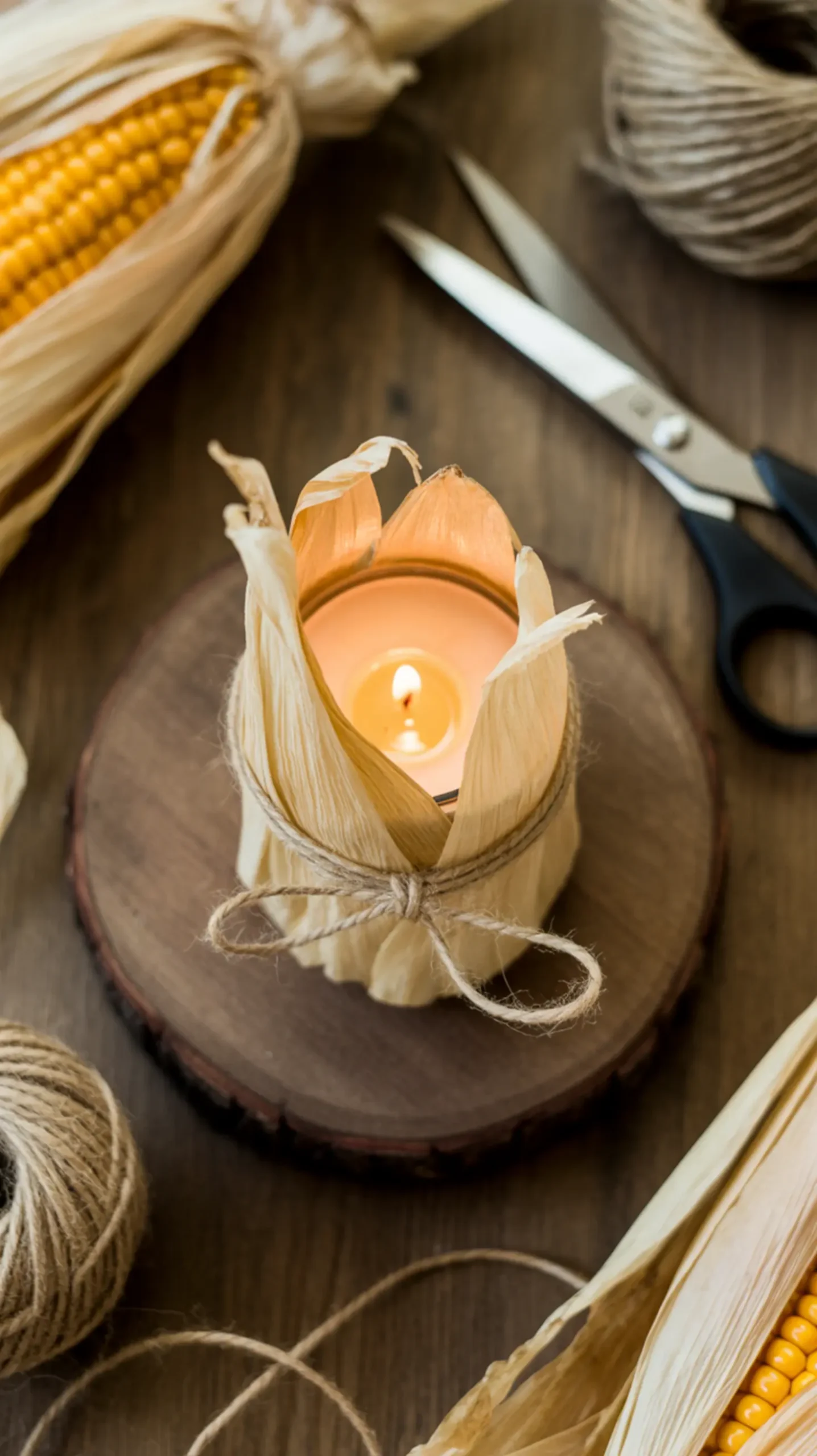 Husks dried tied glowing corn votive with a softly wrapped 19 p glass and within in image from holder candle lit twine