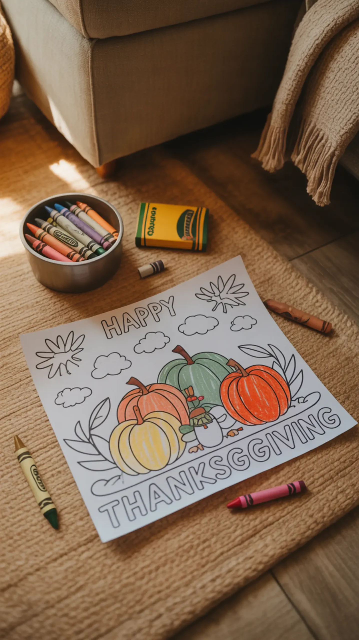 "25+ FREE Thanksgiving Printables for Kids (Easy Crafts, Placemats & Activities)" 2 Happy version 8221 8220 brightly by sitting a of p thanksgiving small crayon the scene crayons child in done image next bowl 2 to colored