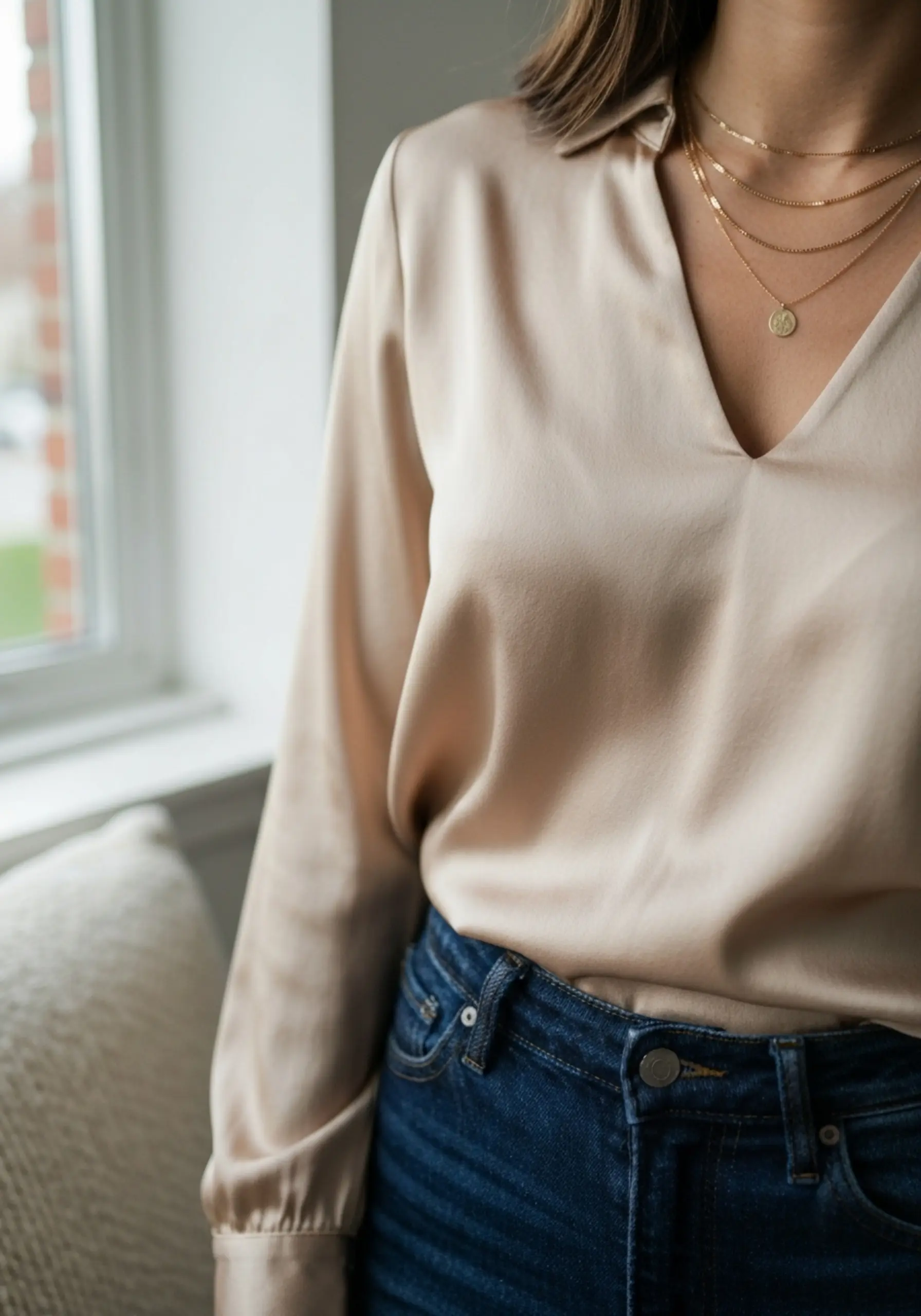 Jeans dark delicate blouse with champagne on a up of satin p the texture gold shot neatly into close tucked necklaces beautiful focusing image 2 colored indigo accented
