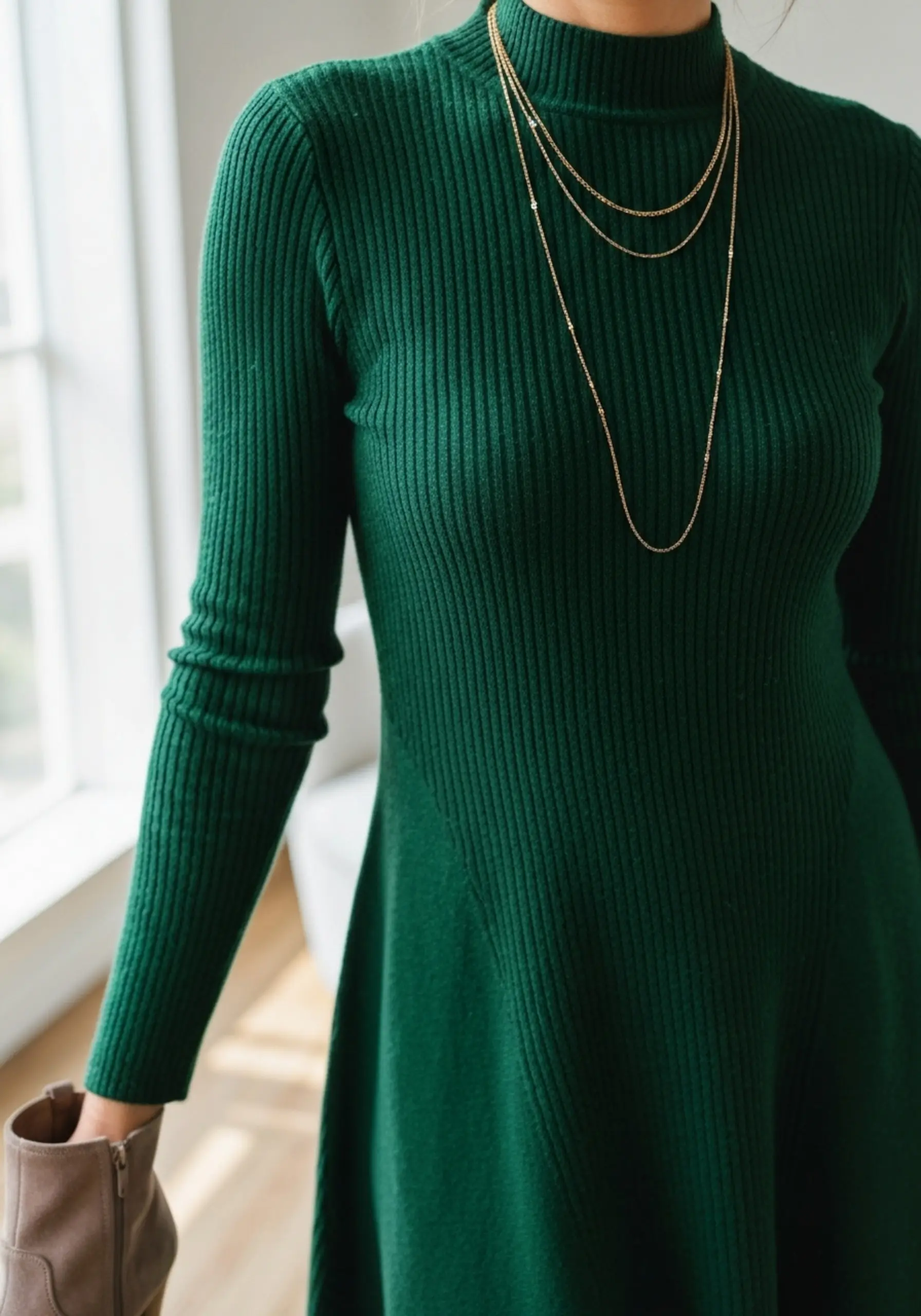 Woman accessorized sweater boots delicate with dress line a up of p suede gold shot ankle and deep close necklaces in green image 2 taupe ribbed