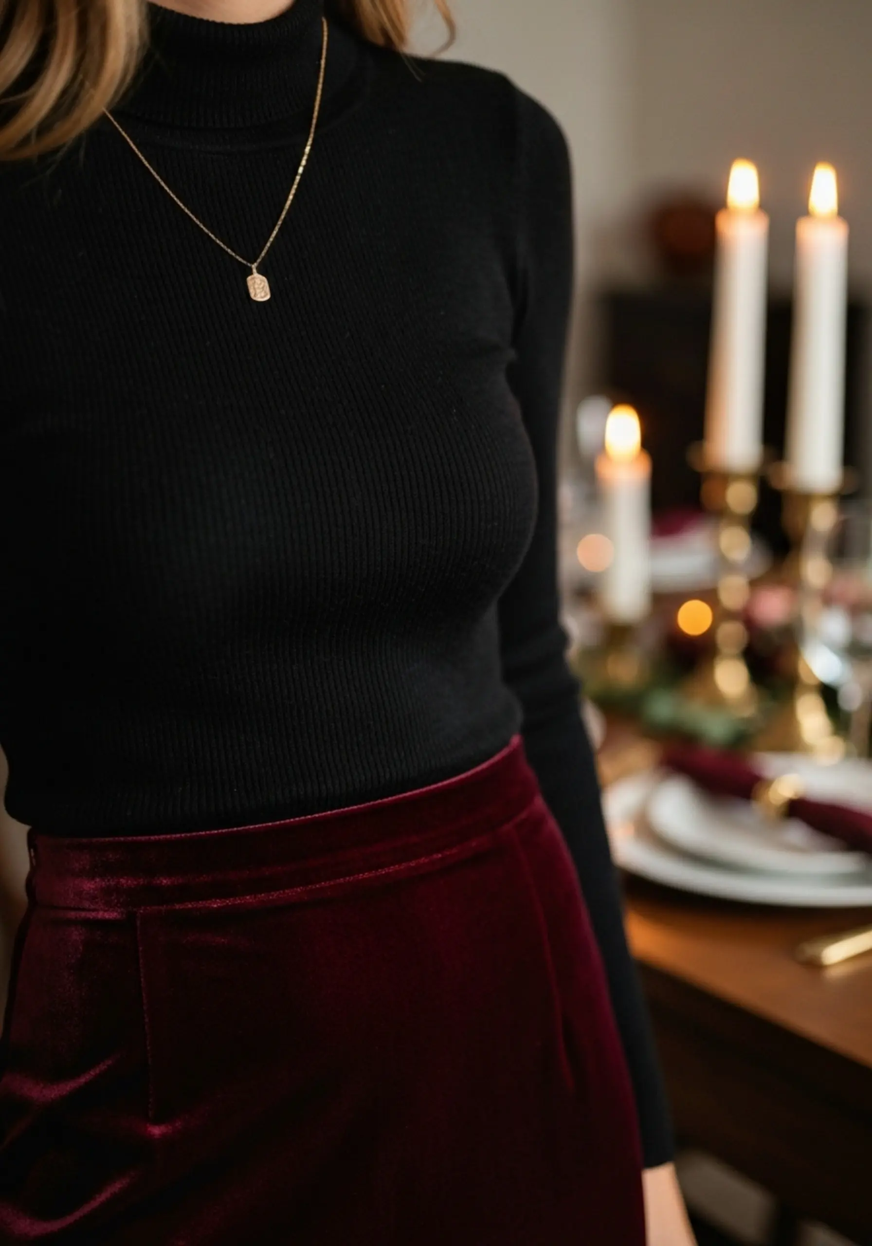 "7 Ways to Style a Satin or Velvet Midi Skirt for Thanksgiving" 2 Accessorized black burgundy with showing midi a up of skirt sleek p simple the turtleneck gold shot textures deep into close tucked image fitted velvet necklace rich 2