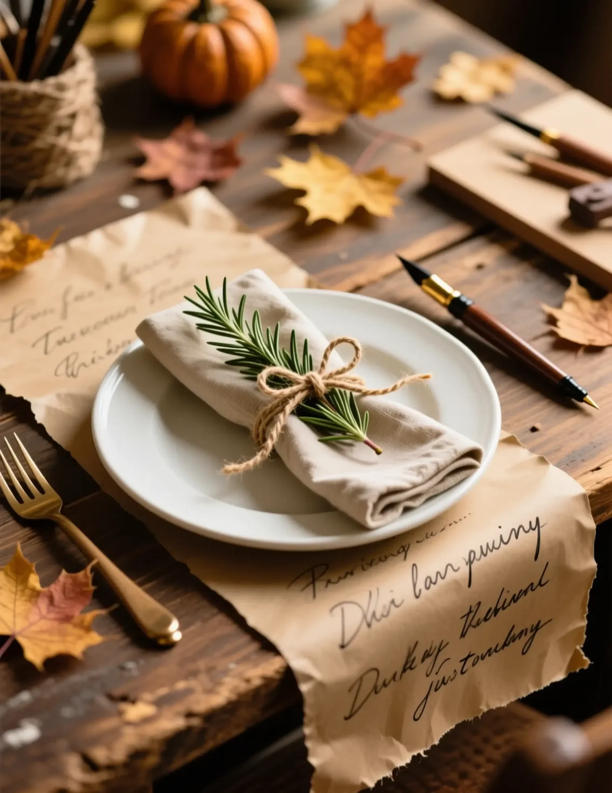 Where marked white napkin tied fresh jute with setting calligraphy a handwritten up of p kraft simple sprig the twine and is close topped image paper runner rosemary plate 2 place table