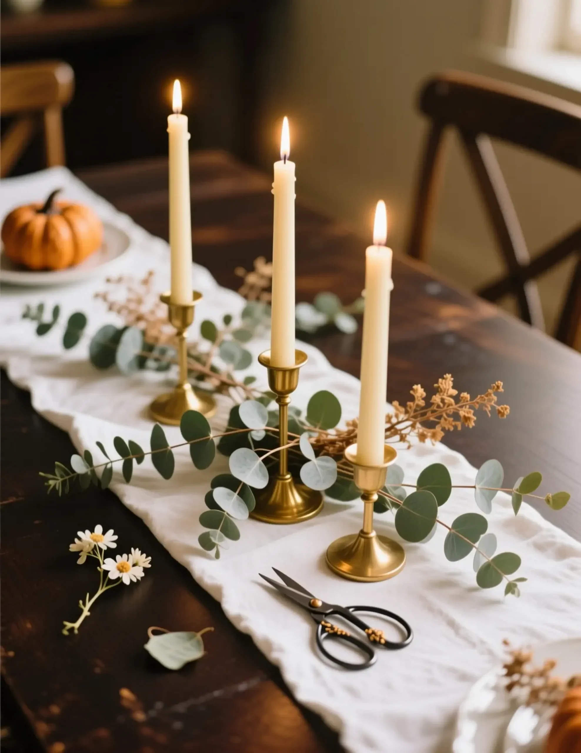 White glowing eucalyptus woven bases with holders on a up of p tall gold around candles close in image linen runner taper their 2