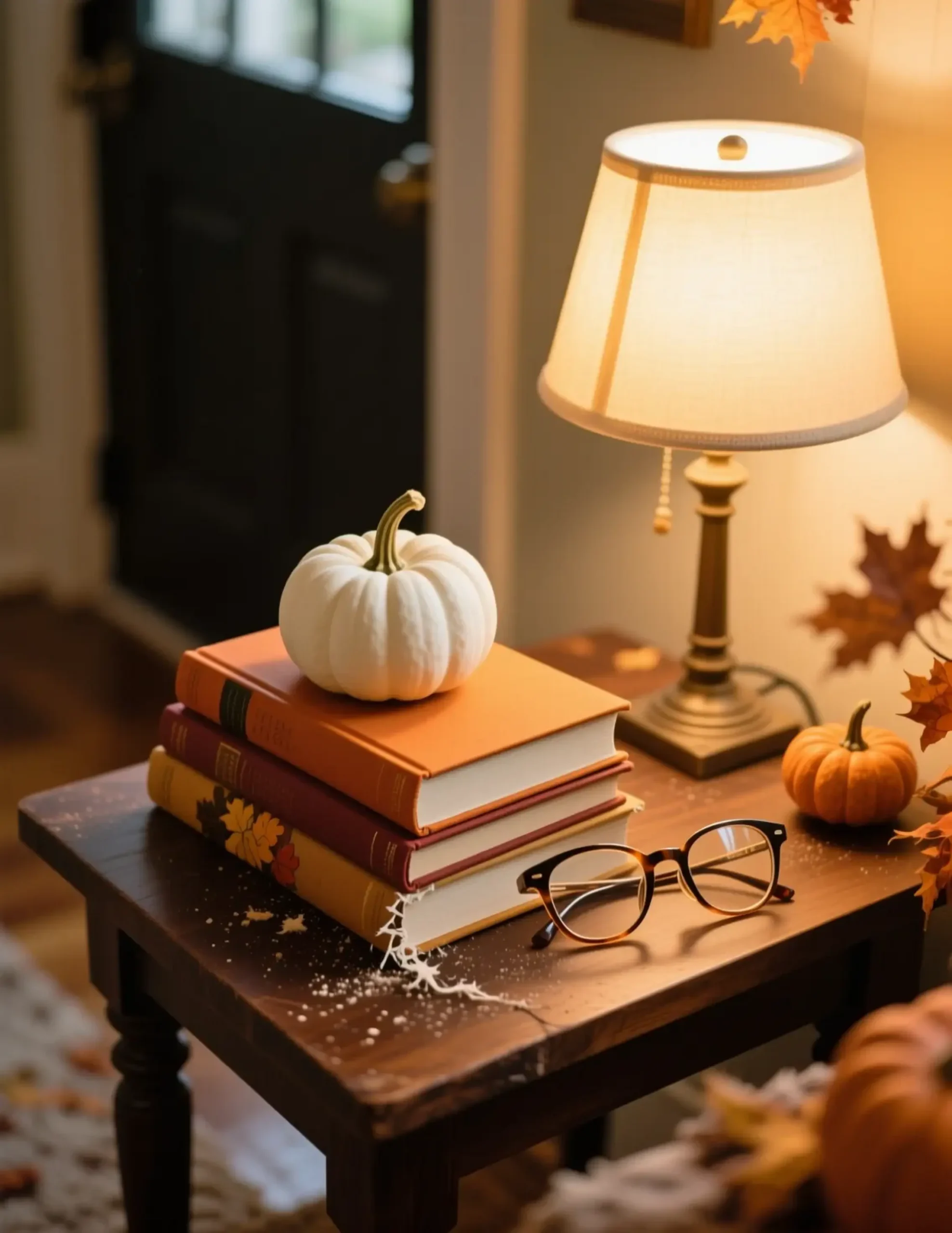 Cozy white books with on a of three stack p small side single shade cream one it is topped image console pumpkin next hardcover 2 lamp to lit table