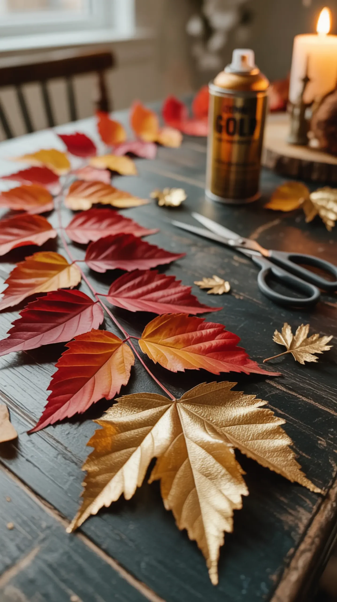 Fall half leaves original orange with a up finish of p shimmering the other gold and close in garland image leaf metallic transformed their 2 red