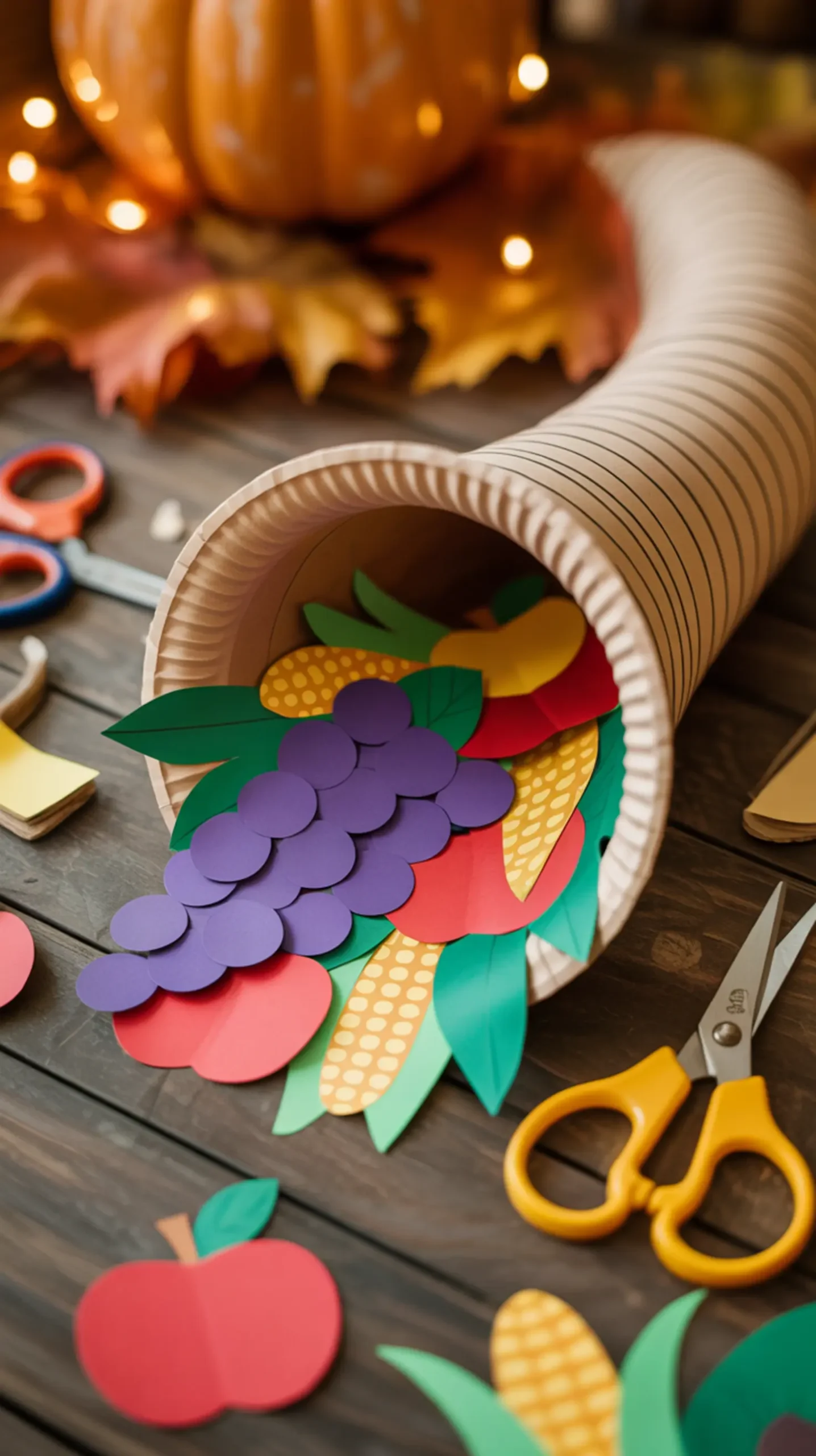 "12 Creative Thanksgiving Crafts Using Paper Plates (Beyond the Turkey!)" 2 Grapes spilling corn with apples a of p onto shape and into colorful cutouts out cornucopia image paper wooden 2 plate table rolled