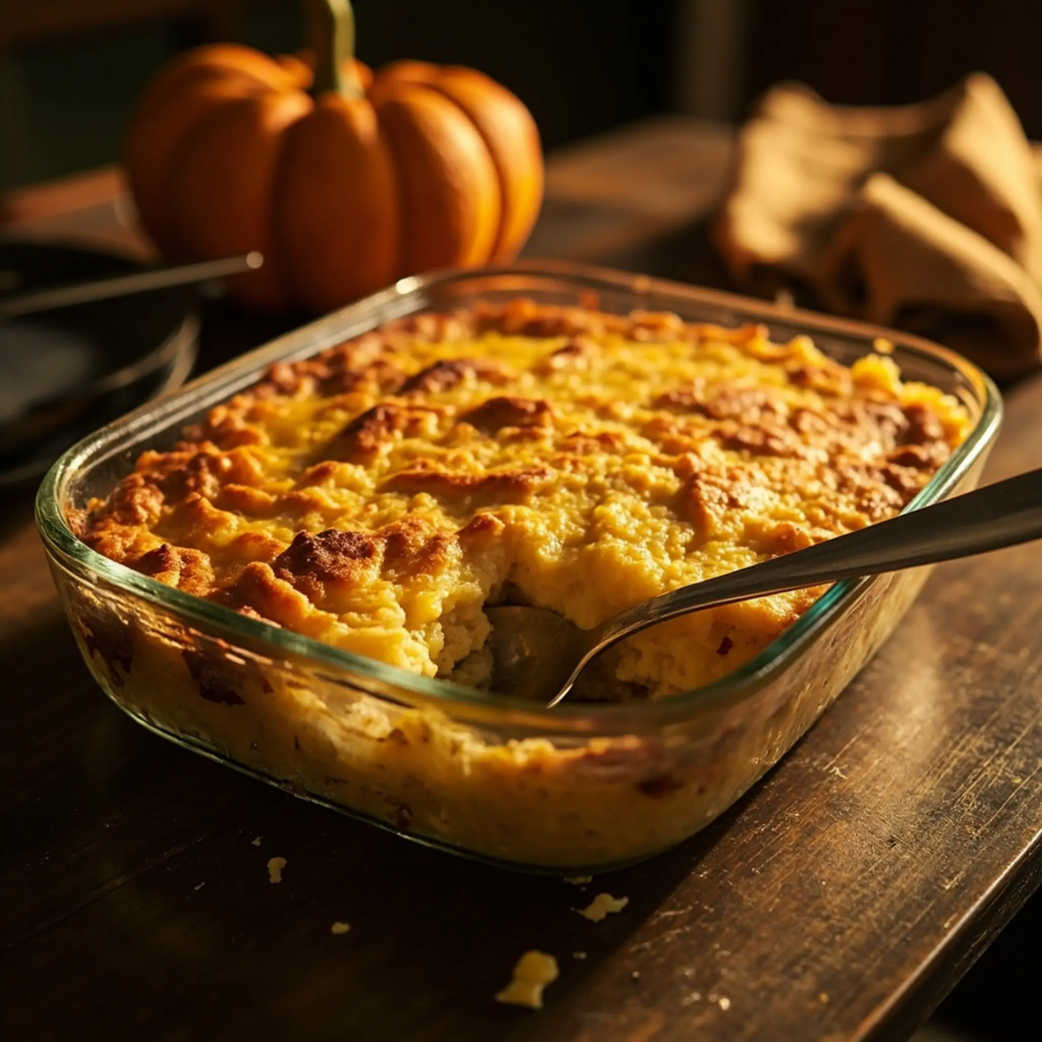 Dish glass a pudding brown corn resting in 2 spoon p inside with image serving baking golden