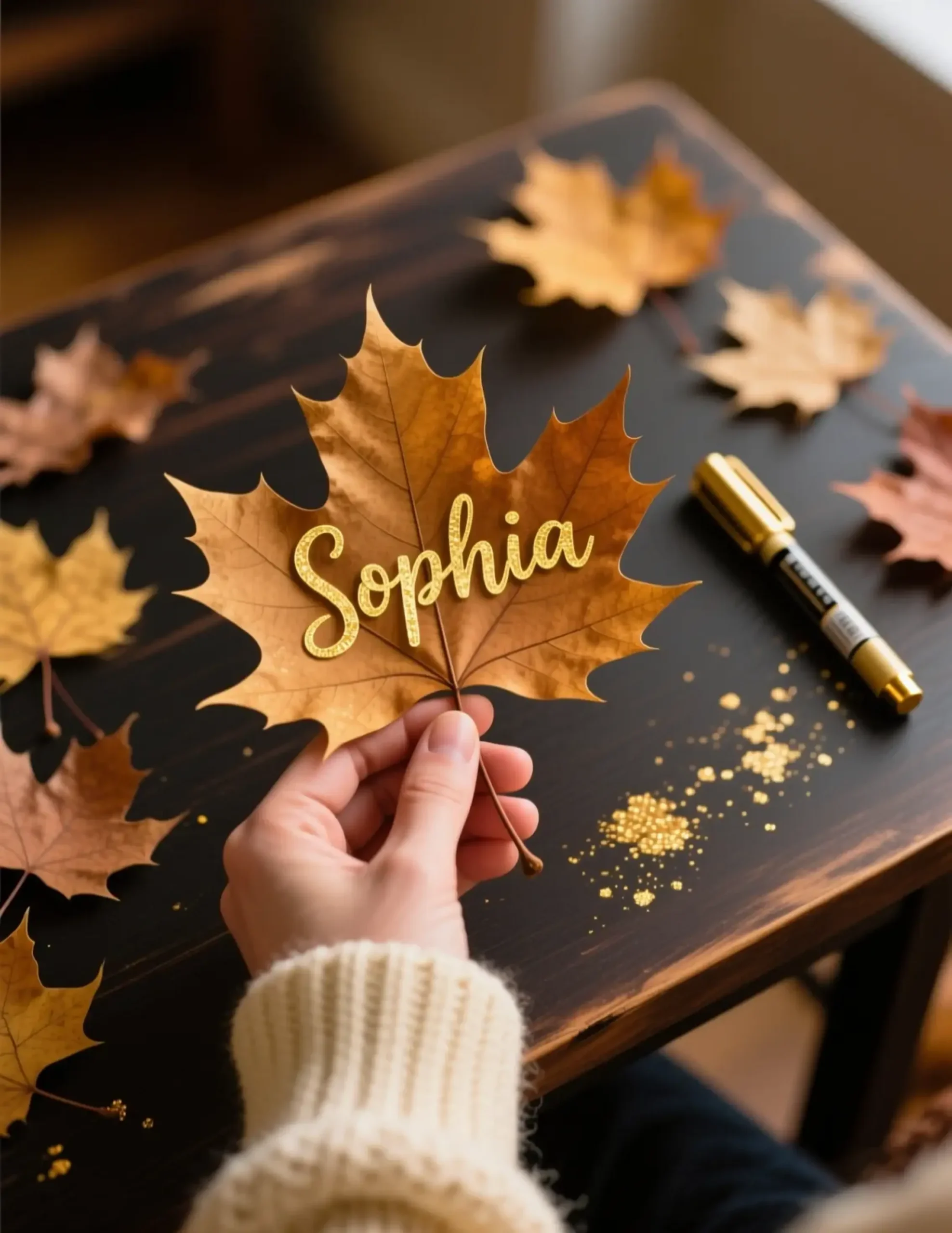 Across autumn hand brown marker with golden name shiny a written s p gold guest 8217 it in crisp image leaf holding 2