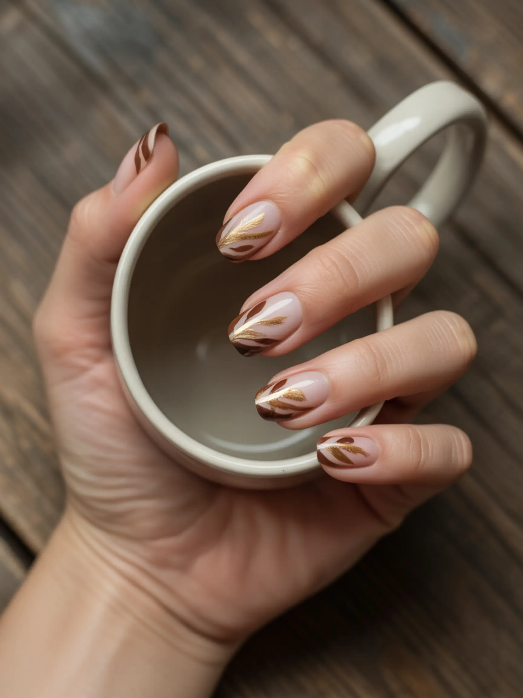 "20 Cute Turkey Nail Art Ideas for Thanksgiving (That Aren'T Tacky)" 2 Hand but brown brush delicate french with showing feathers a bronze p the manicure gold and in are resemble image strokes 2 to overlapping tips painted