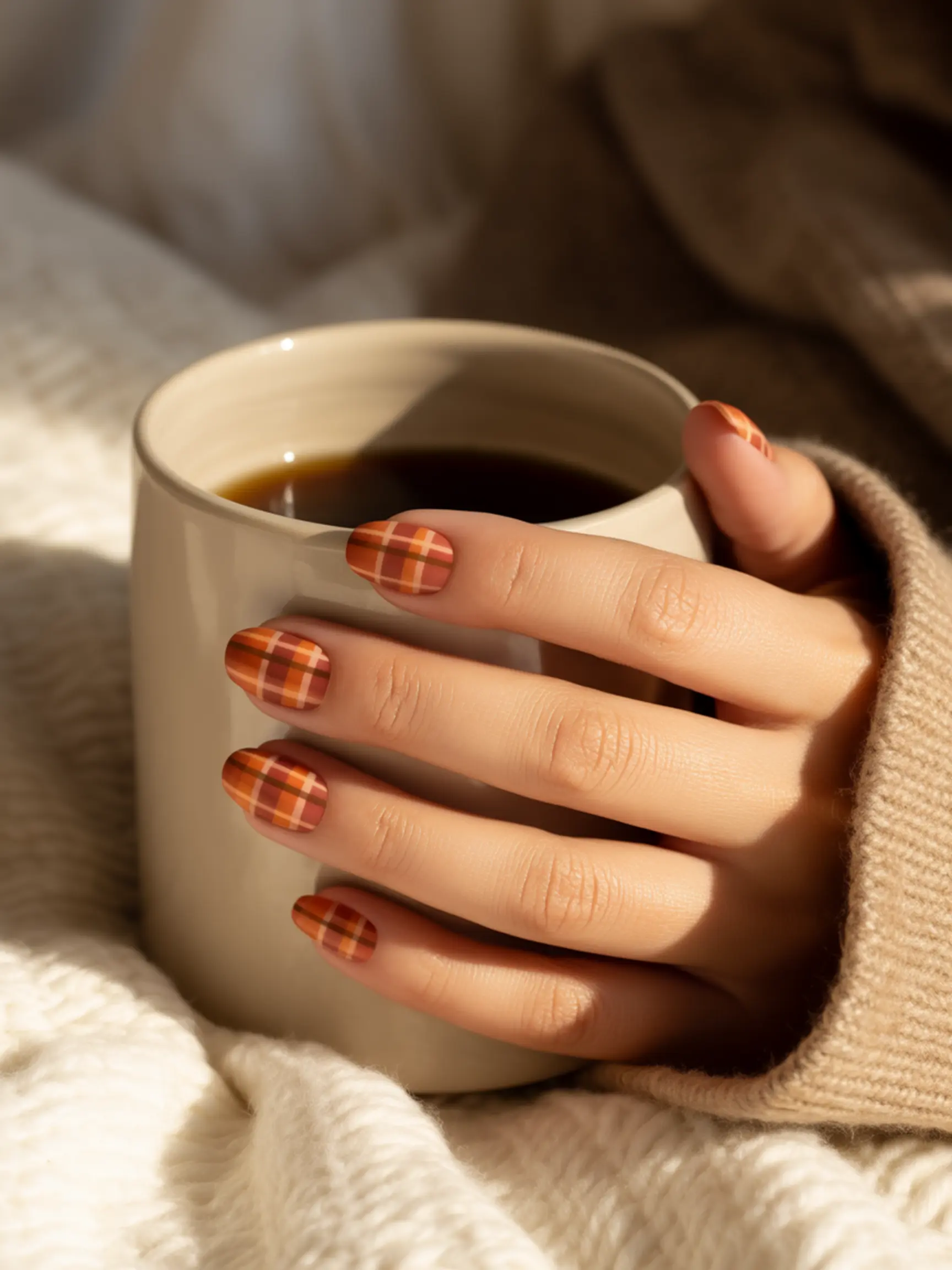 "15 Thanksgiving Nail Sticker & Decal Ideas for the Easiest Mani Ever" 2 Full hand brown wraps warm orange showing off a p stunning and nail image pattern holding 2 mug plaid