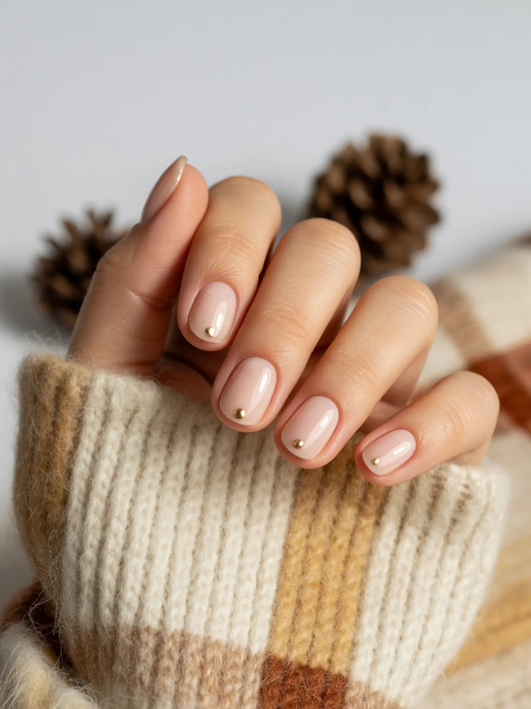 Hand base center with a sheer nude of short each p small dot single rounded the gold just above is at nail image metallic cuticle 2 placed nails painted