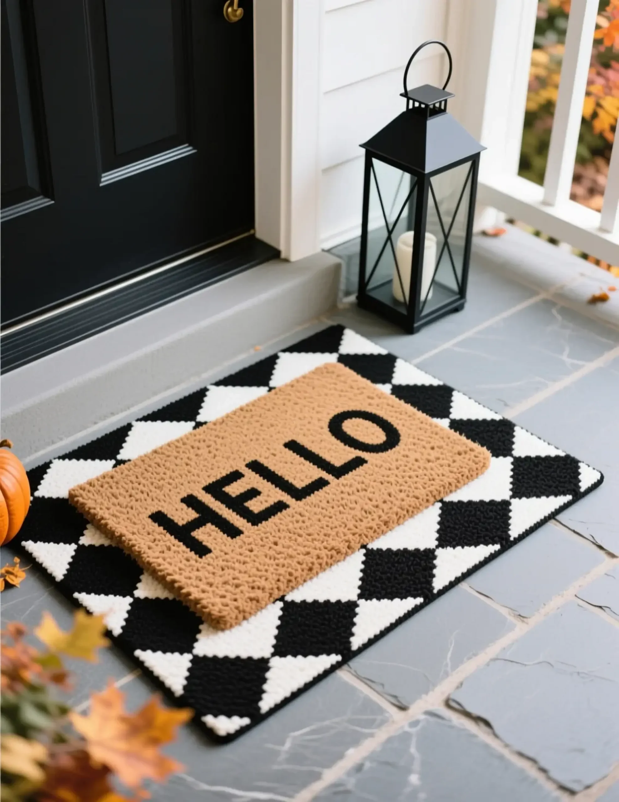 Coir white mat that 8221 8220 rug black base hello with lantern a under modern layered thin p simple single tall nearby says and is in diamond image font pattern 2 thick placed