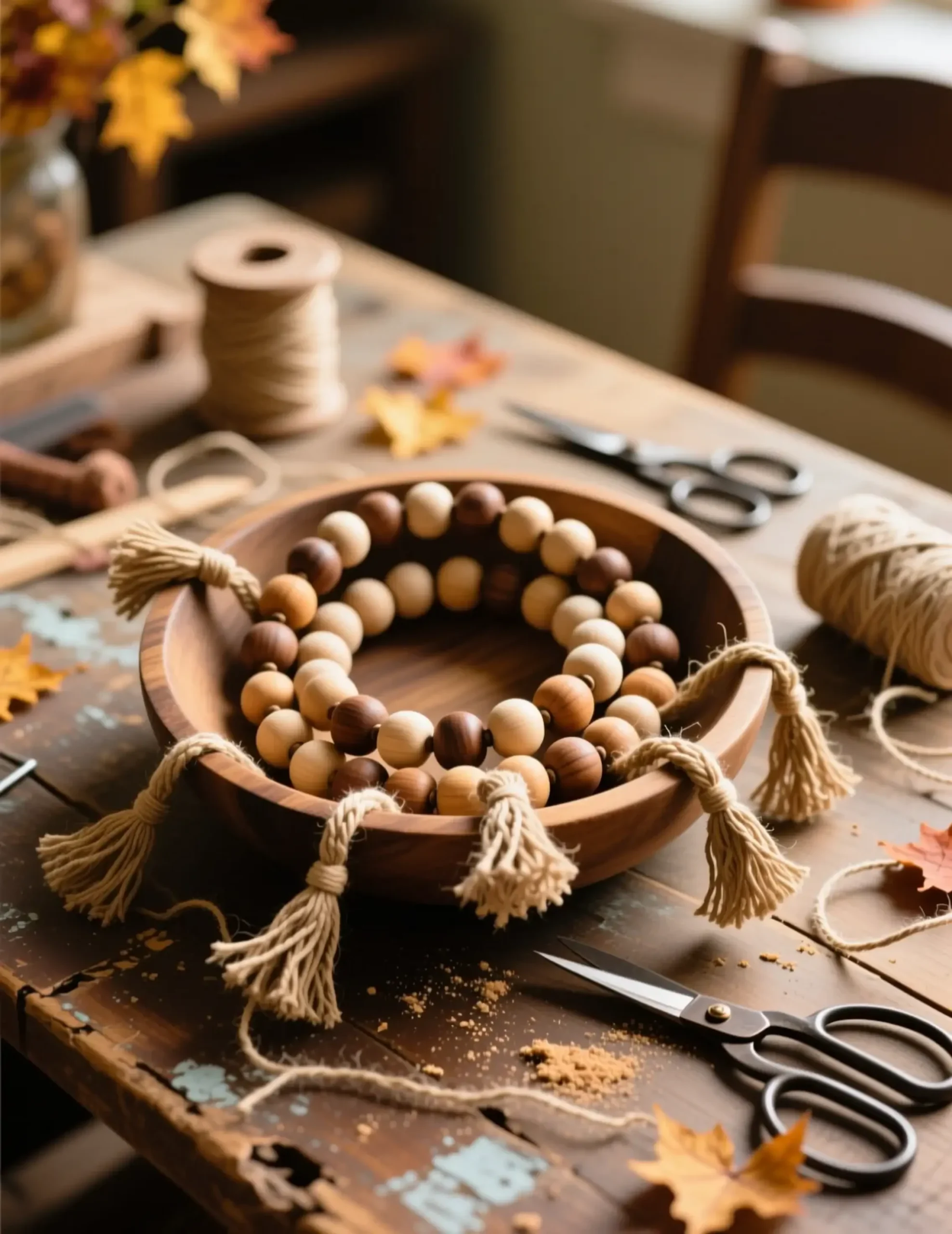 Coiled coffee with bead on a p natural inside garland image tassels shallow bowl wooden 2 wood table