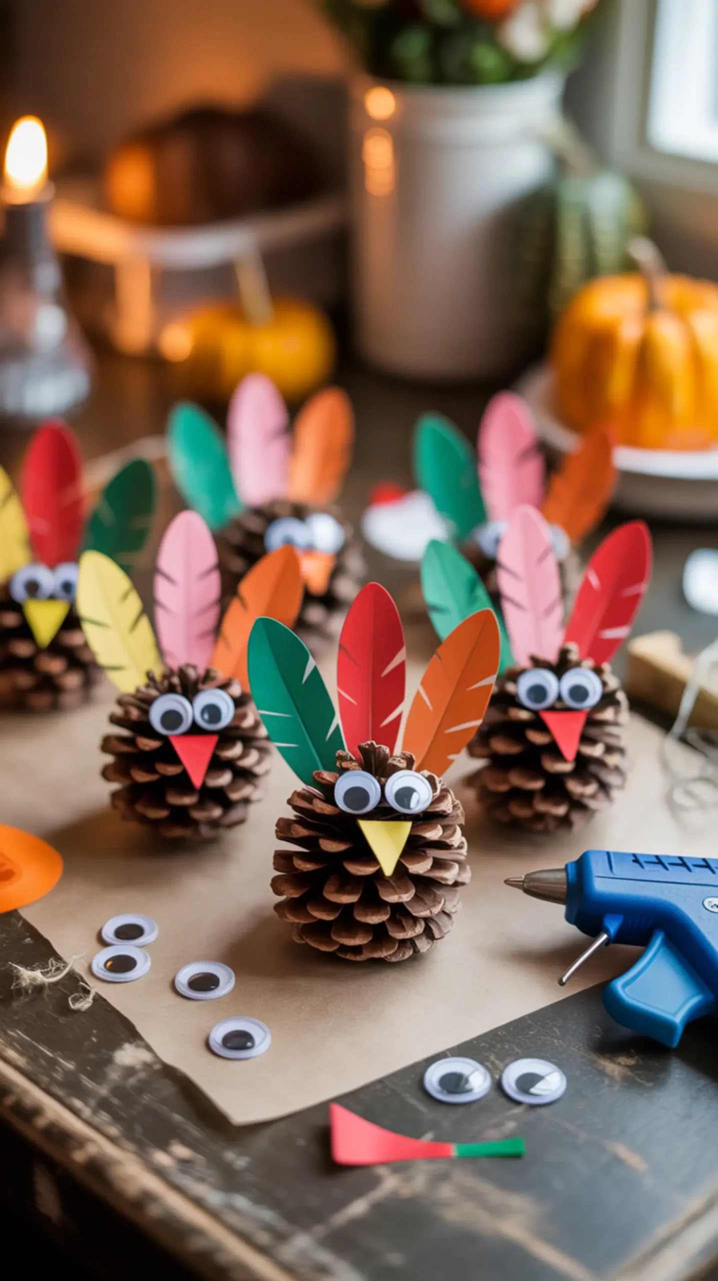 Turkeys eyes finished beak with on a construction of each feather googly p small and pinecone cheerful colorful image craft rustic paper lineup tails wooden 2 table