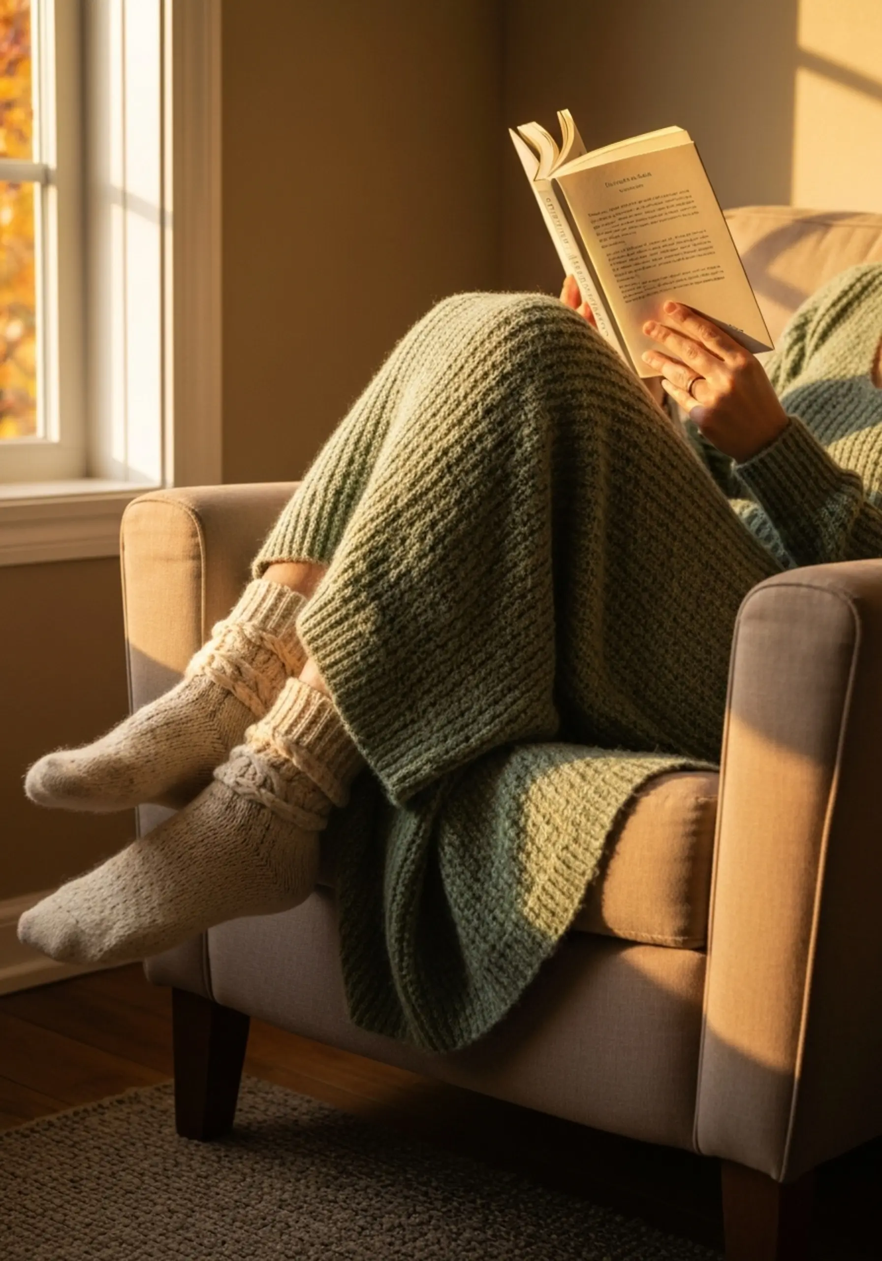Curled cozy woman knit with dress pair a socks up of p soft armchair and an in green image long 2 maxi book thick