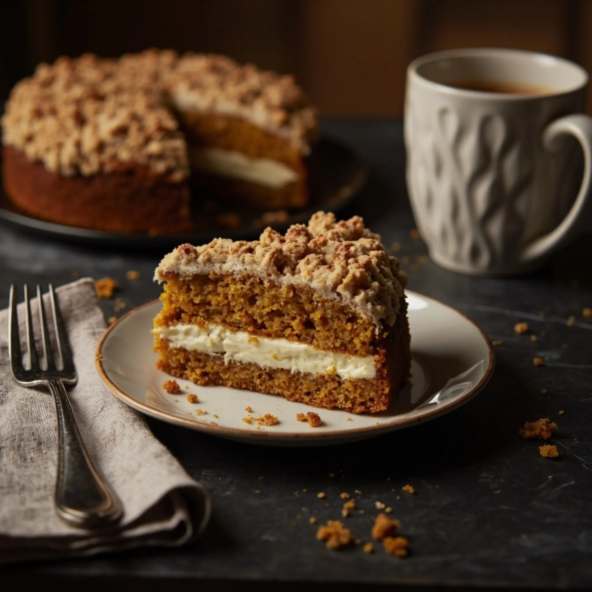 Layers showing streusel square on a of p distinct the slice cake cream and image cheese 2 plate