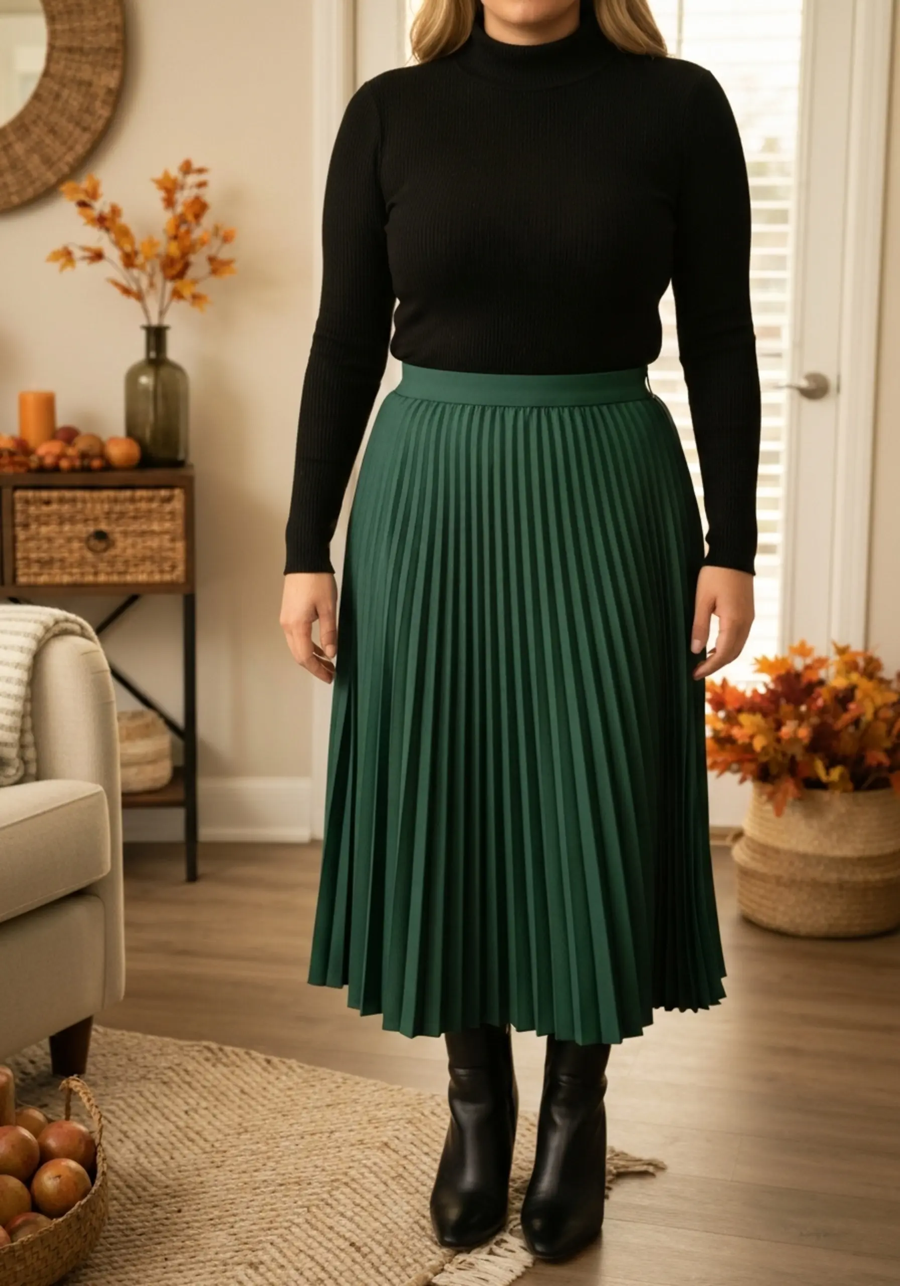 Stylish accessorized black boots outfit with line midi a skirt p forest featuring turtleneck ankle and green image fitted heeled 2 pleated