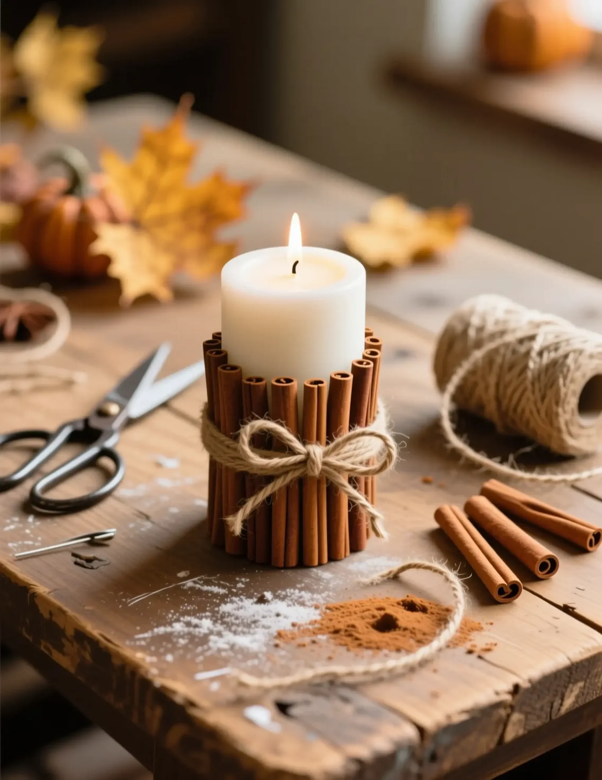 White together tied jute with a wrapped of p simple neatly vertical image pillar sticks candle cinnamon 2 piece twine plain