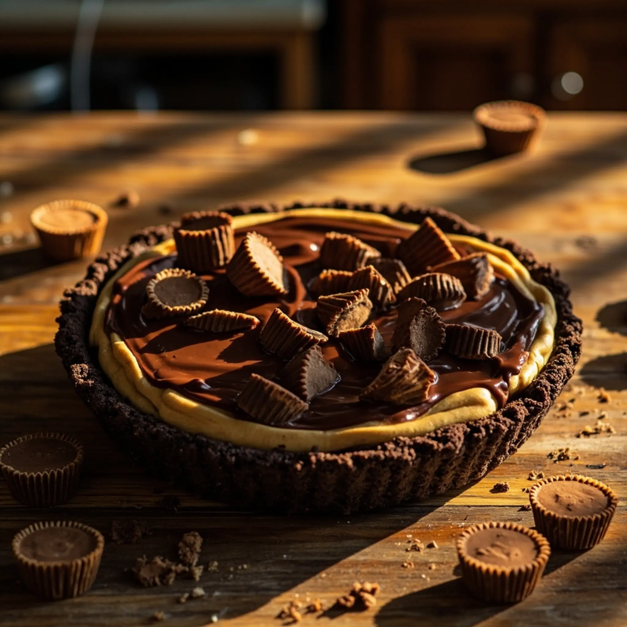 Whole melted overhead peanut with of p chocolate butter the shot and an pie topped image cups drizzled chopped 2