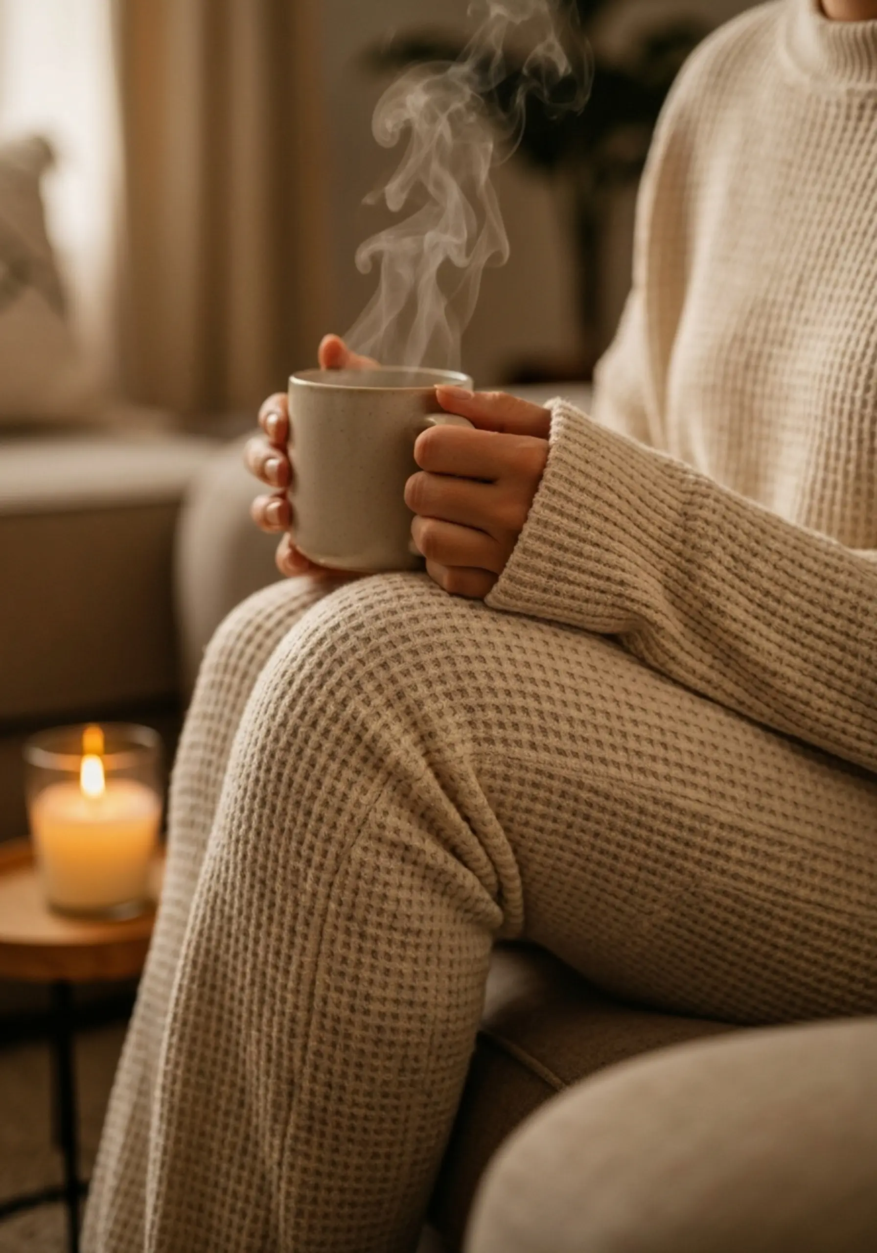 With knit showing a up of p the texture waffle shot set cream ceramic close person image holding 2 mug colored