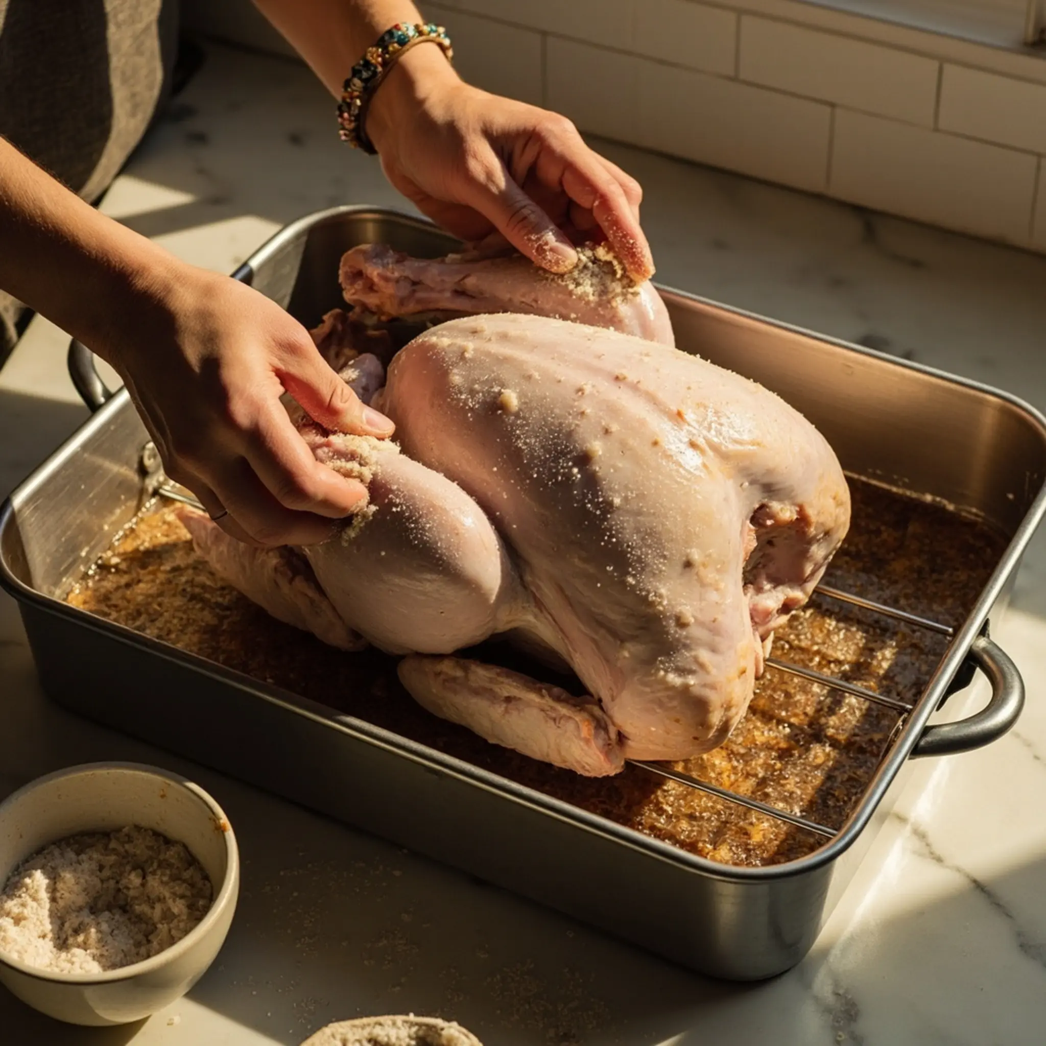 "The Easiest Turkey Brine Recipes for a Juicy Bird Every Time" 2 Hands a sugar up of p salt the shot all and mixture over close skin turkey raw image rubbing 2
