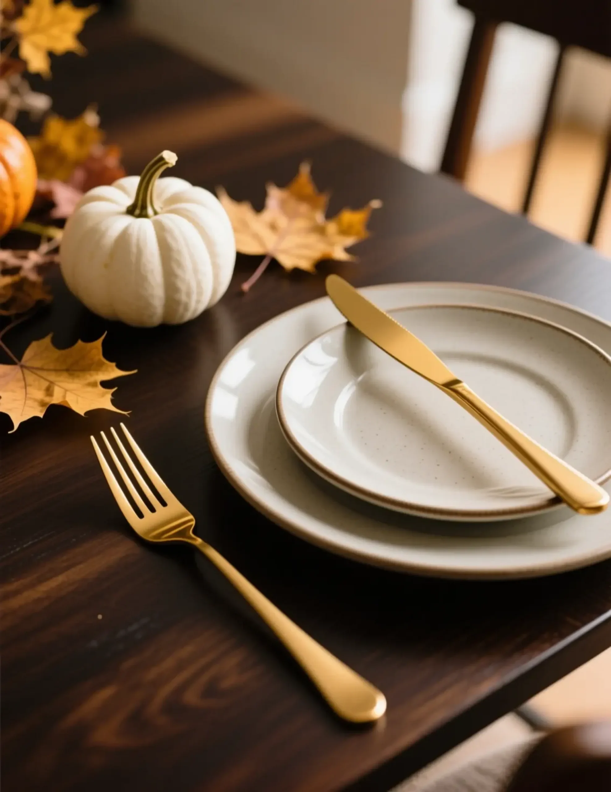 "10 'High-End' Thanksgiving Decor Dupes (Pottery Barn Looks for Less)" 2 Gold flatware set arranged on a up close of elegantly plate 2 affordable p thanksgiving image the