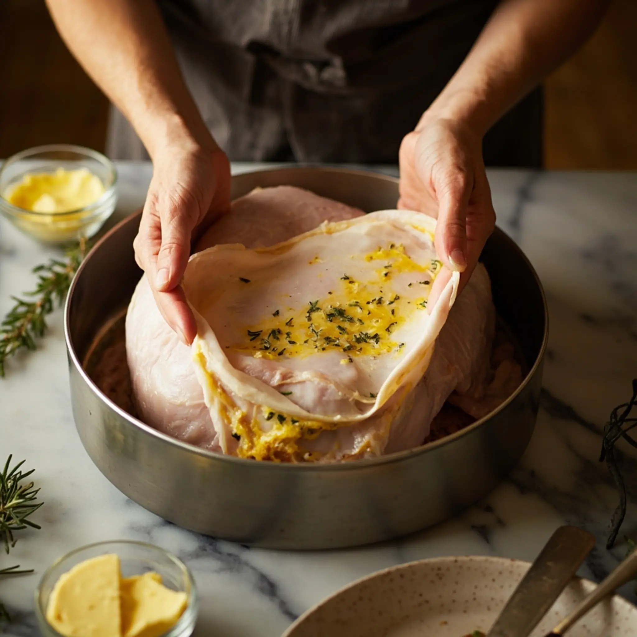 Hands breast herb lifting golden pair a of gently p butter underneath the spreading and mixture over skin turkey image 2