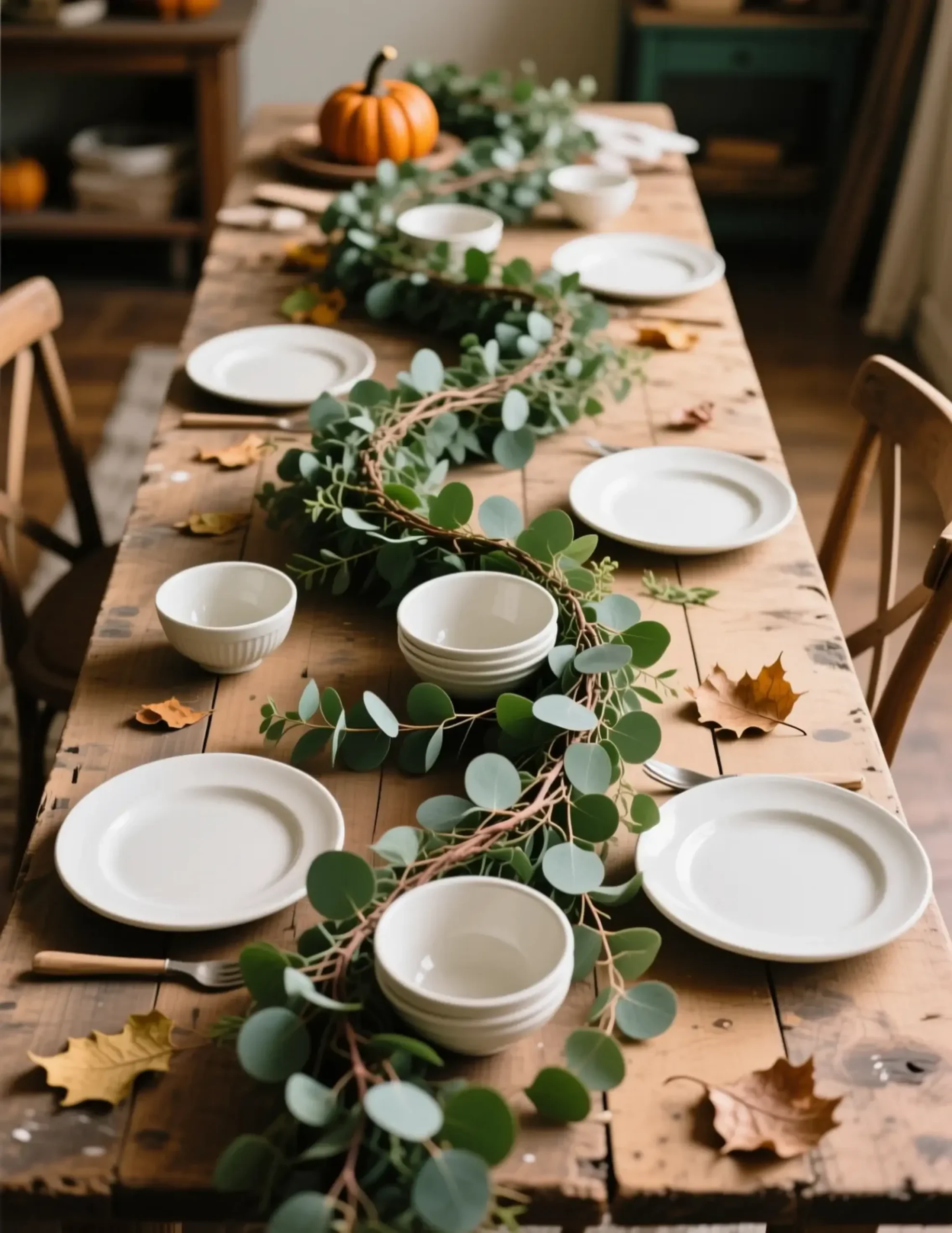 Platters eucalyptus curves center bowls with snaking nestled a of p buffet the and lush into garland down image long 2 table