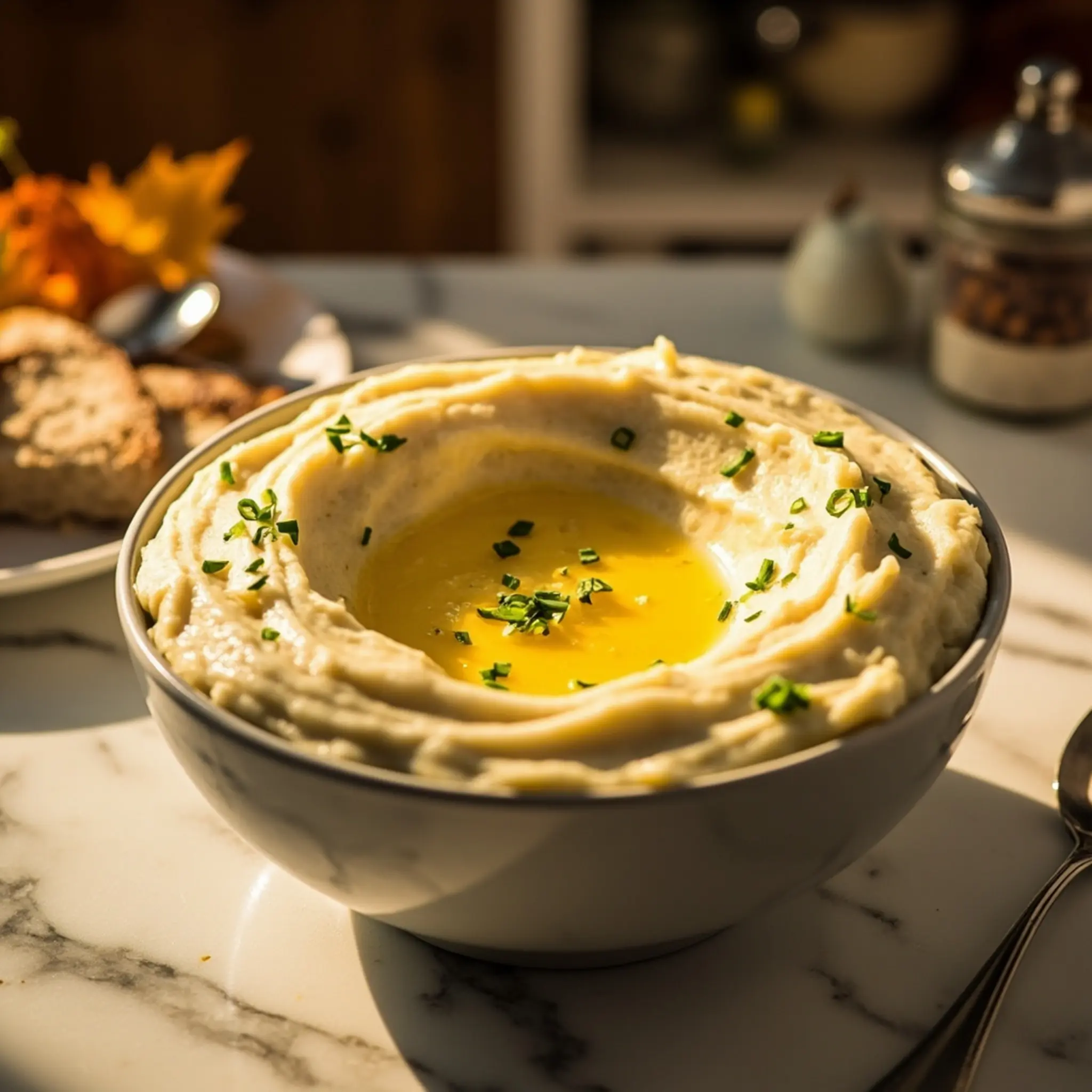 Mashed melted chives with serving on a up of creamy p swirl potatoes sprinkle butter ultra the and close image filled bowl top 2