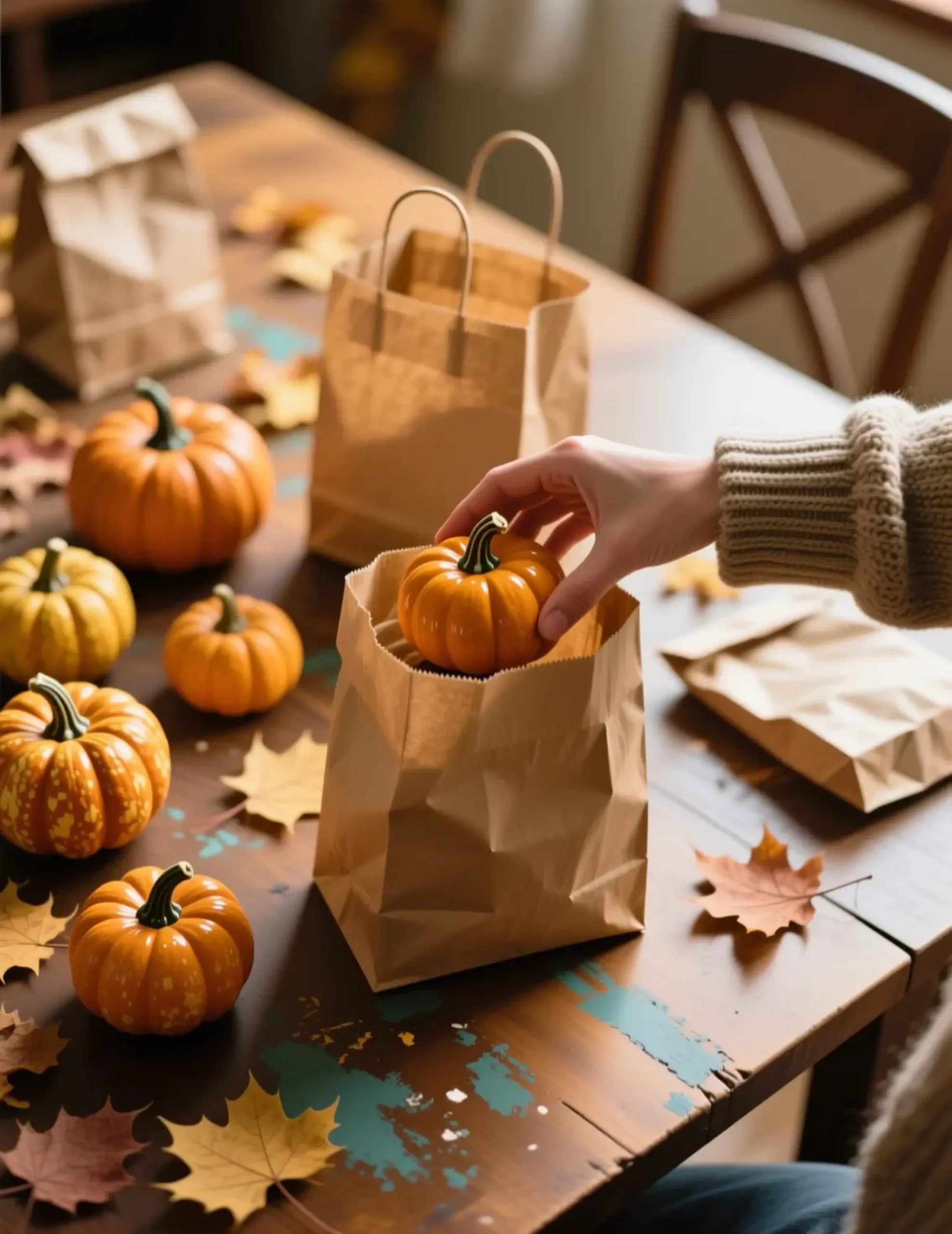 Collection being brown on a of each p small bag ceramic into pumpkins image paper lunch wooden 2 placed table