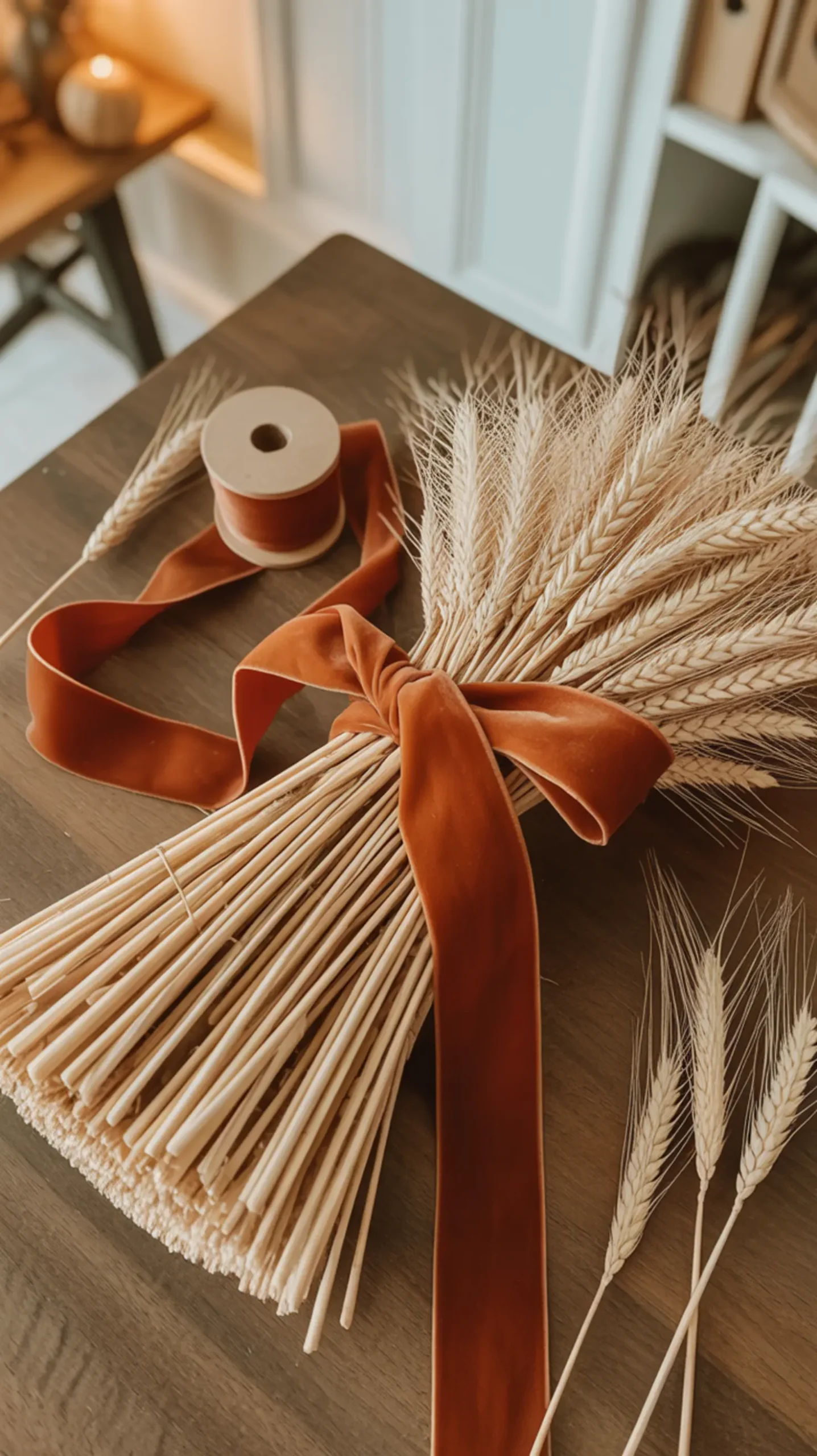 Horizontally tied mantel wheat dark with wide a on of p rust ribbon laying image faux velvet 20 large wood colored bundle