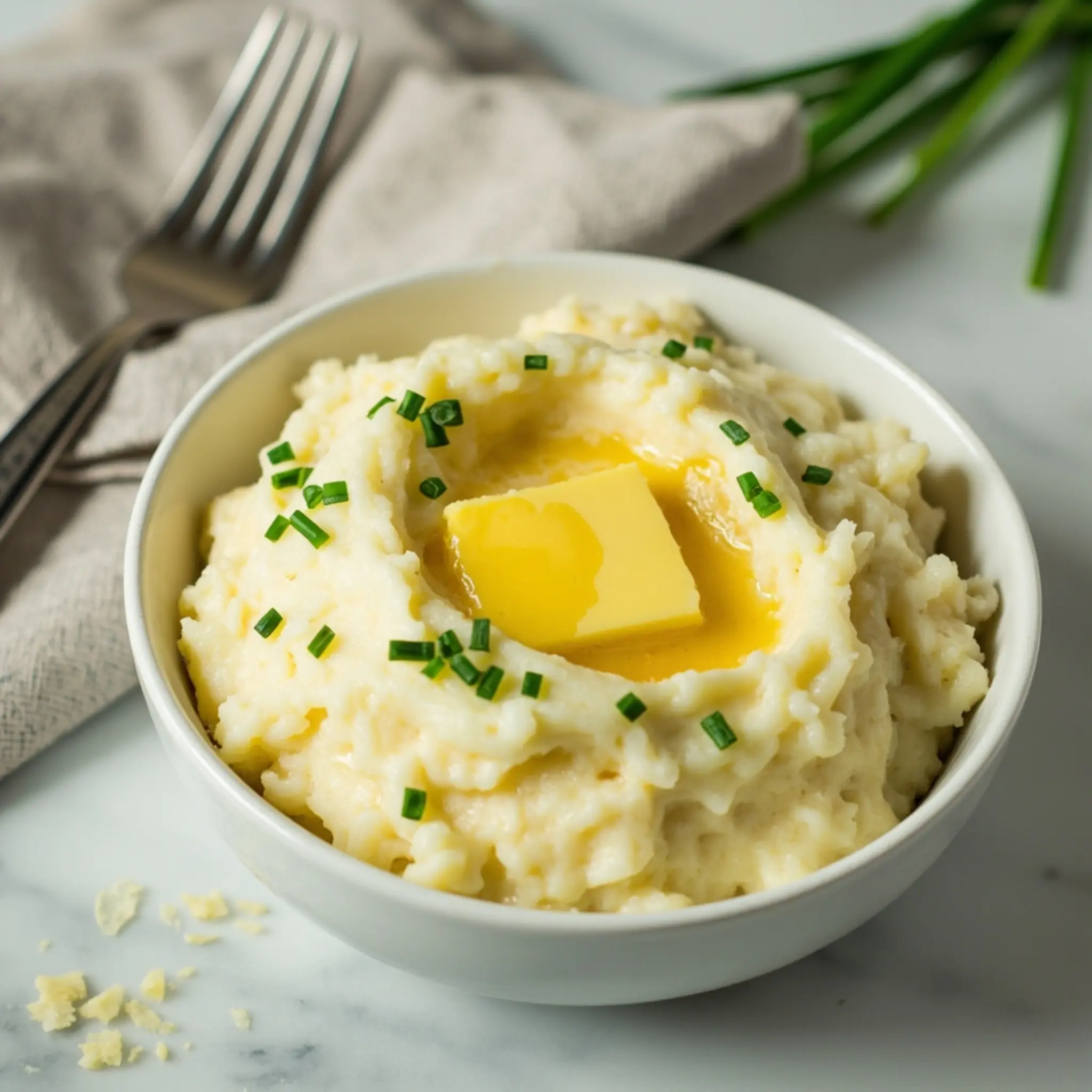 Mashed chives with mound a of p potatoes sprinkle butter fluffy and melting topped in image pat tiny bowl 3