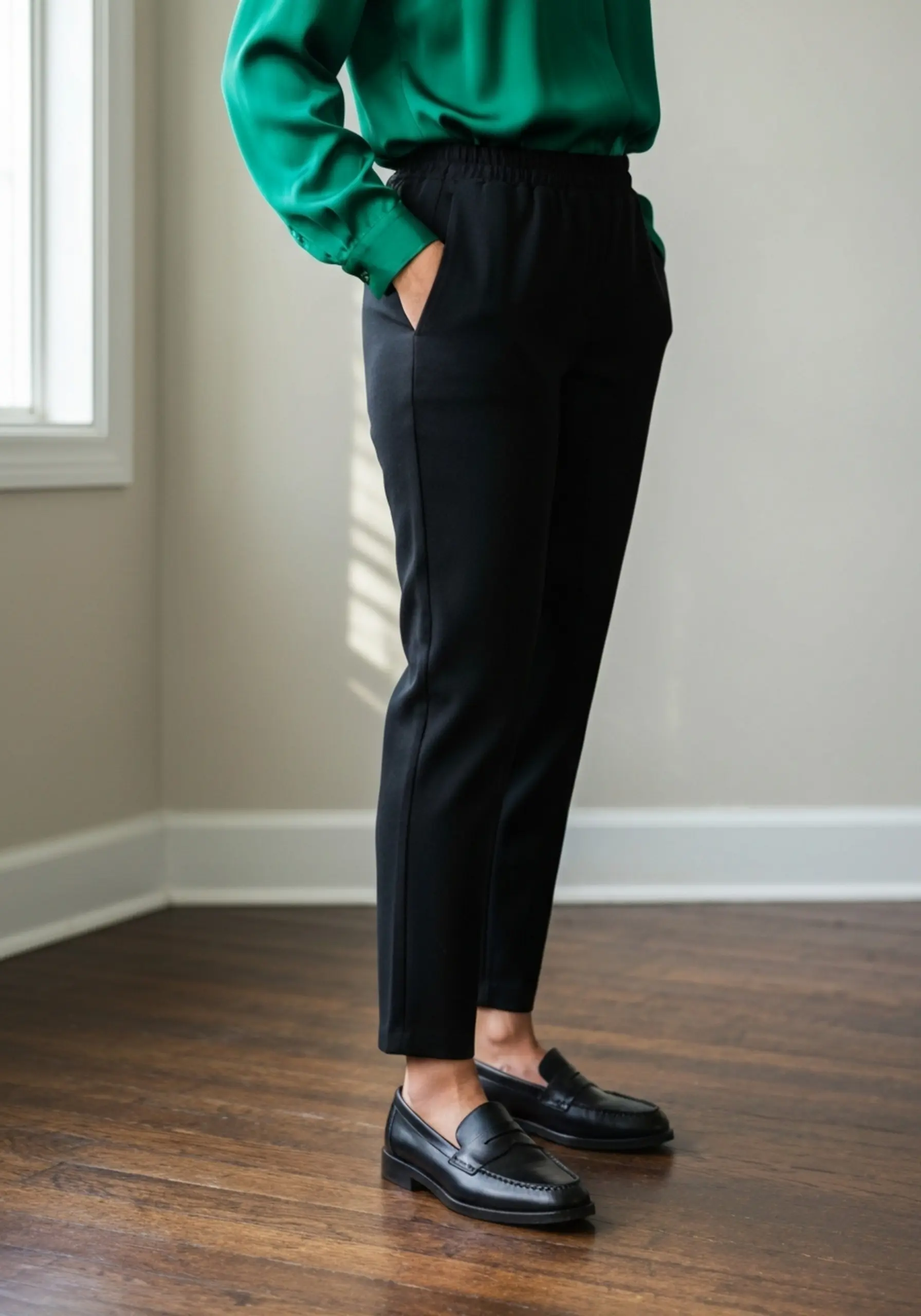 Loafers black classic with silk blouse trousers pull a on up of p shot and an close leather high green image 3 emerald quality paired