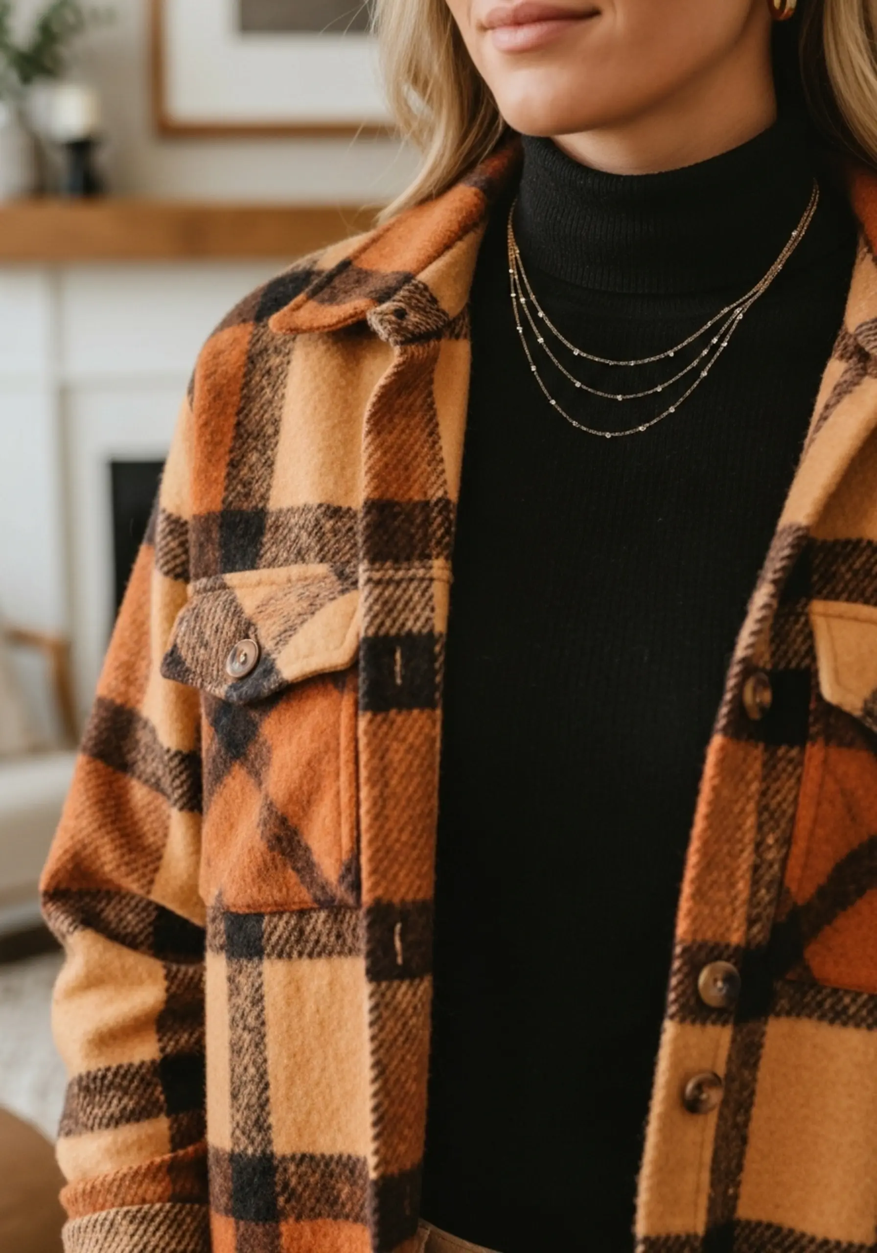 "15 'Casual Chic' Thanksgiving Outfit Ideas (When You're a Guest)" 3 Black delicate with a up of layered p turtleneck gold over close necklaces styled image shacket 3 plaid