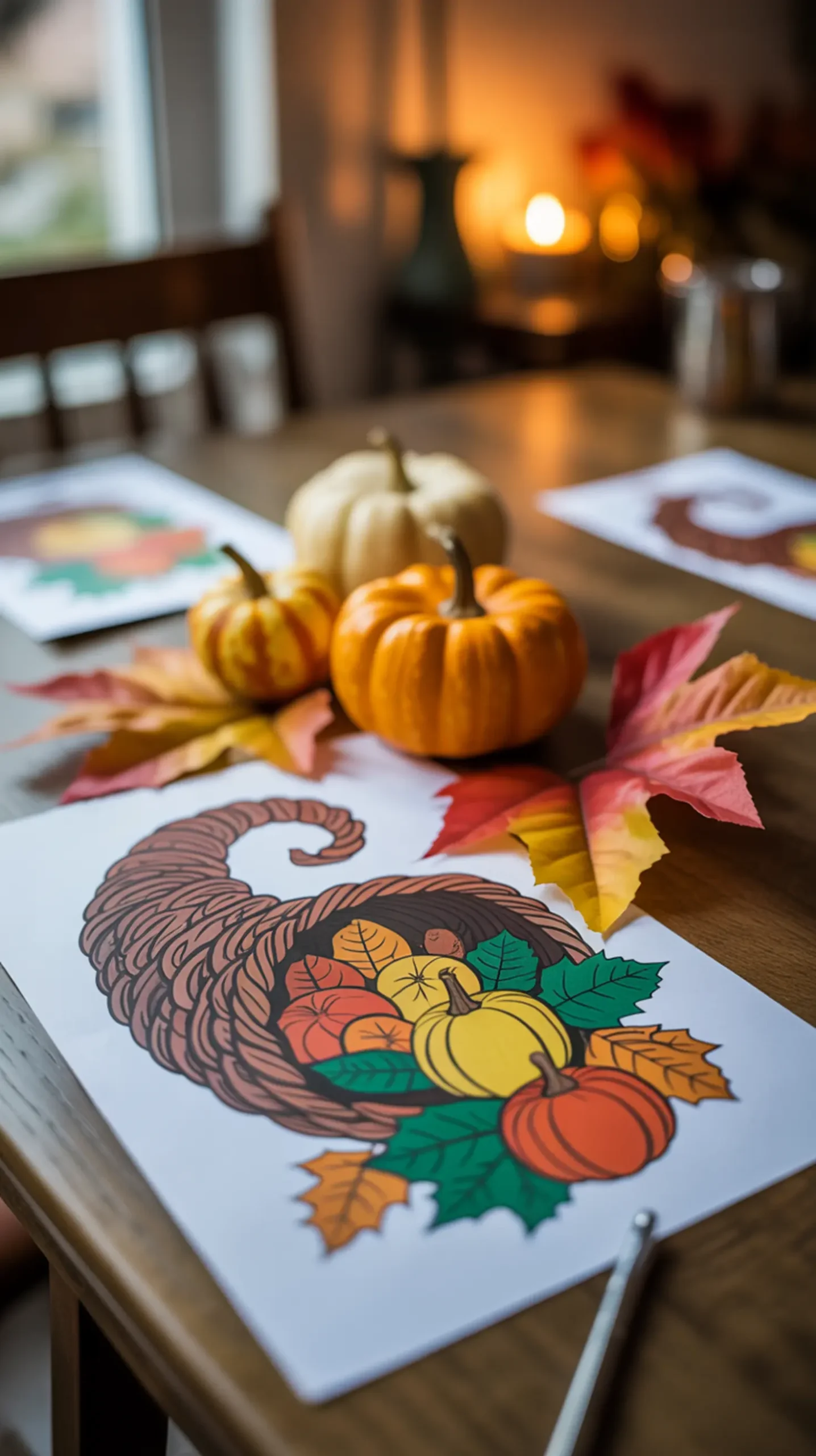 "25+ FREE Thanksgiving Printables for Kids (Easy Crafts, Placemats & Activities)" 3 Vibrant real with colors a p page coloring the mini it pumpkins in cornucopia image filled beside 3 few placed