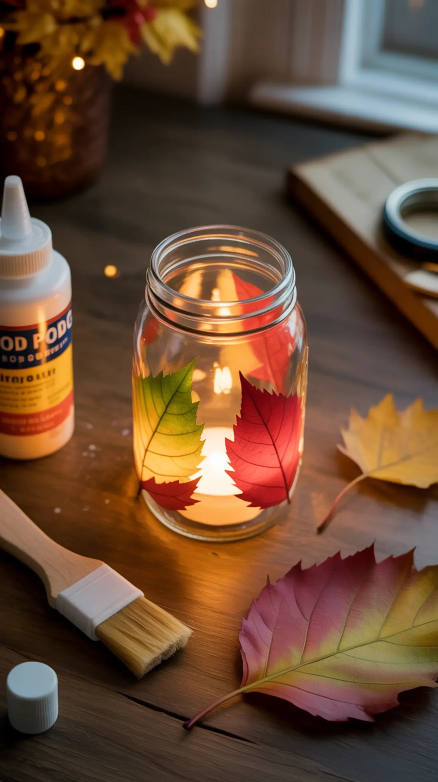 "5 Easy DIY Thanksgiving Centerpieces Your Kids Can Help With" 3 Mason jar h2 leaves lantern 3 thankful the