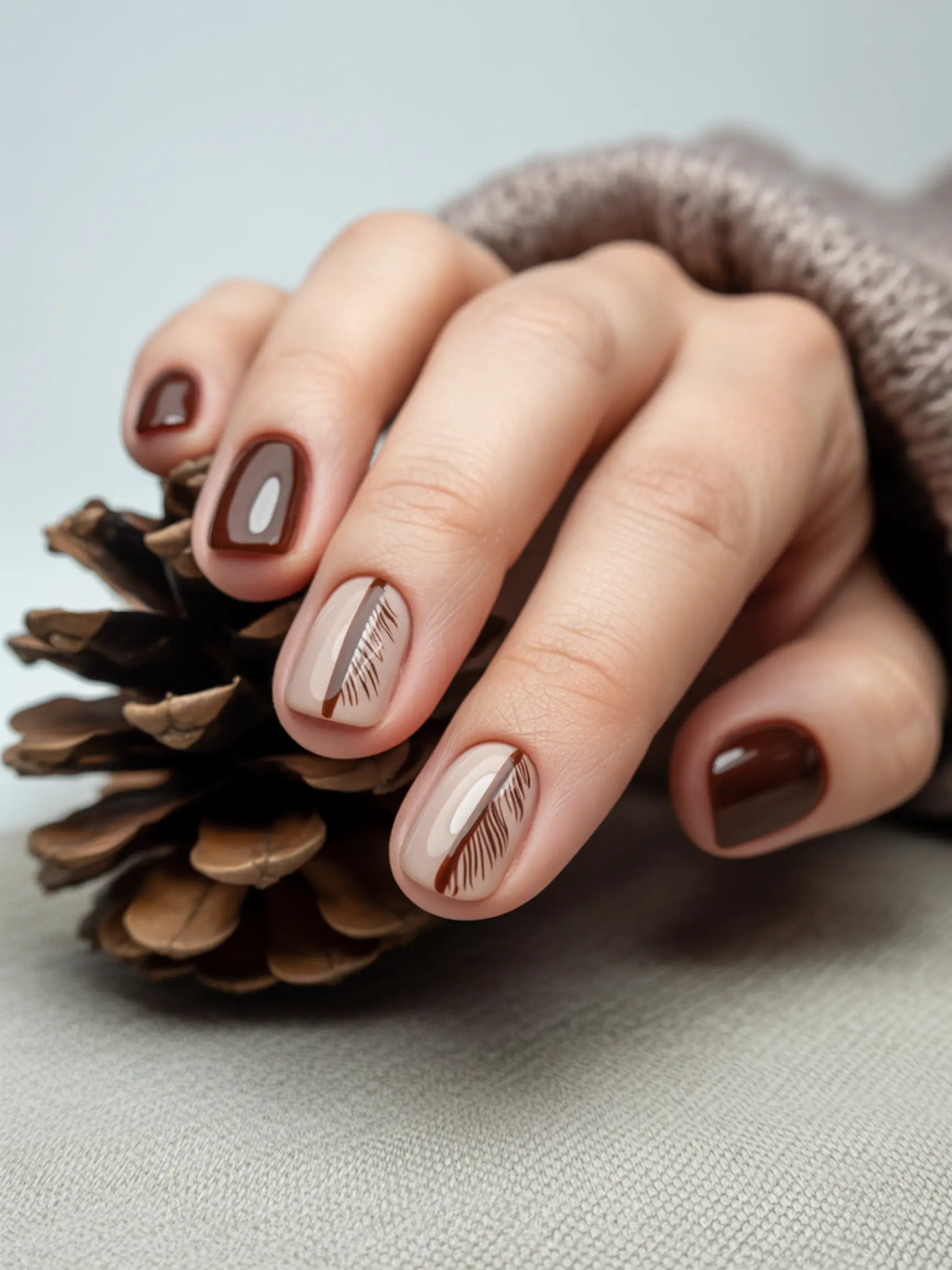 Beige brown base dark center with line runs middle a short feathery p toothpick using single the an accent down nail image from dragged outwards 3 lines