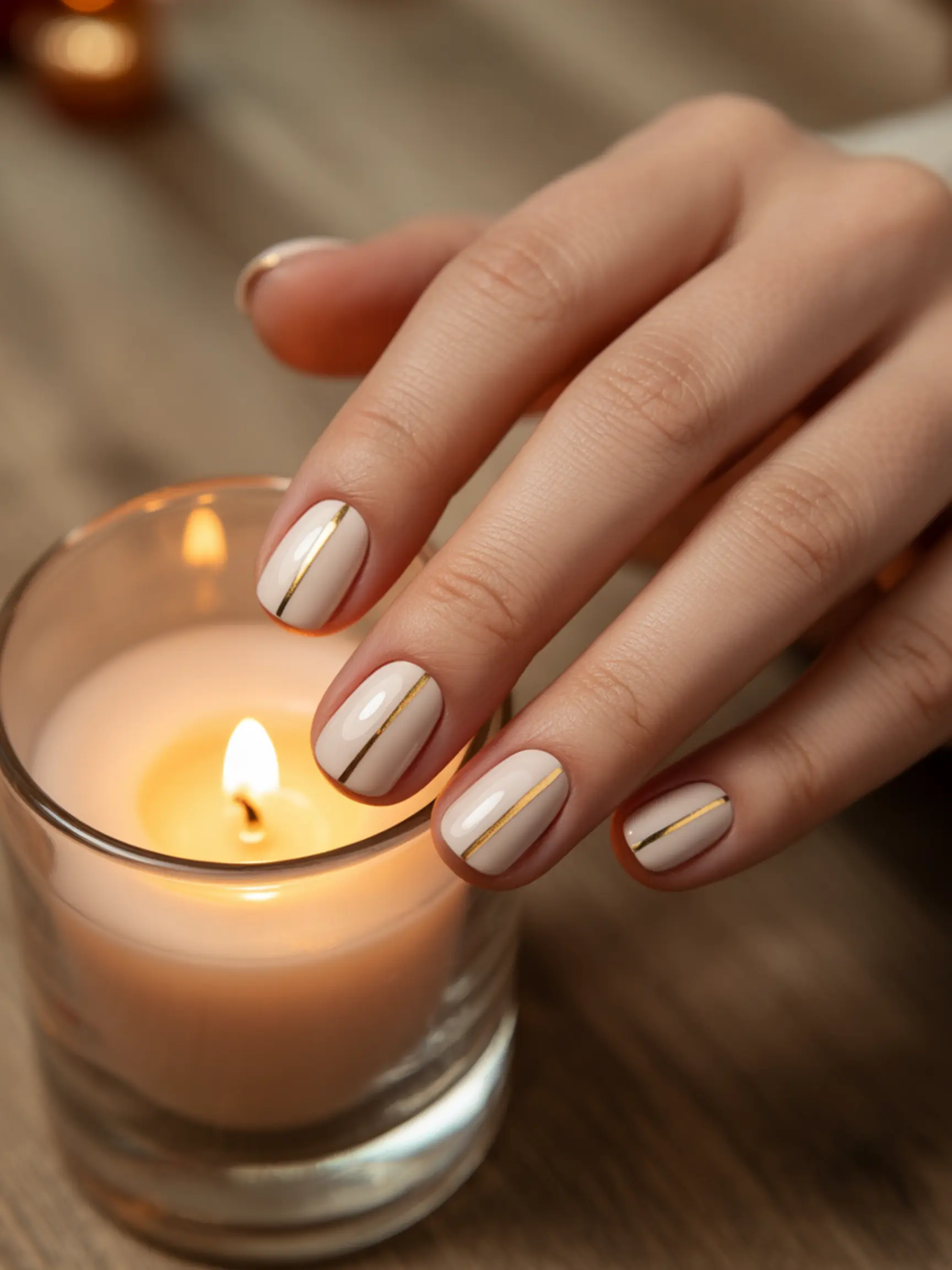 Beige base with line runs middle a showcasing coat short of each thin creamy p the gold vertically down nail crisp image metallic squoval 3 nails photo