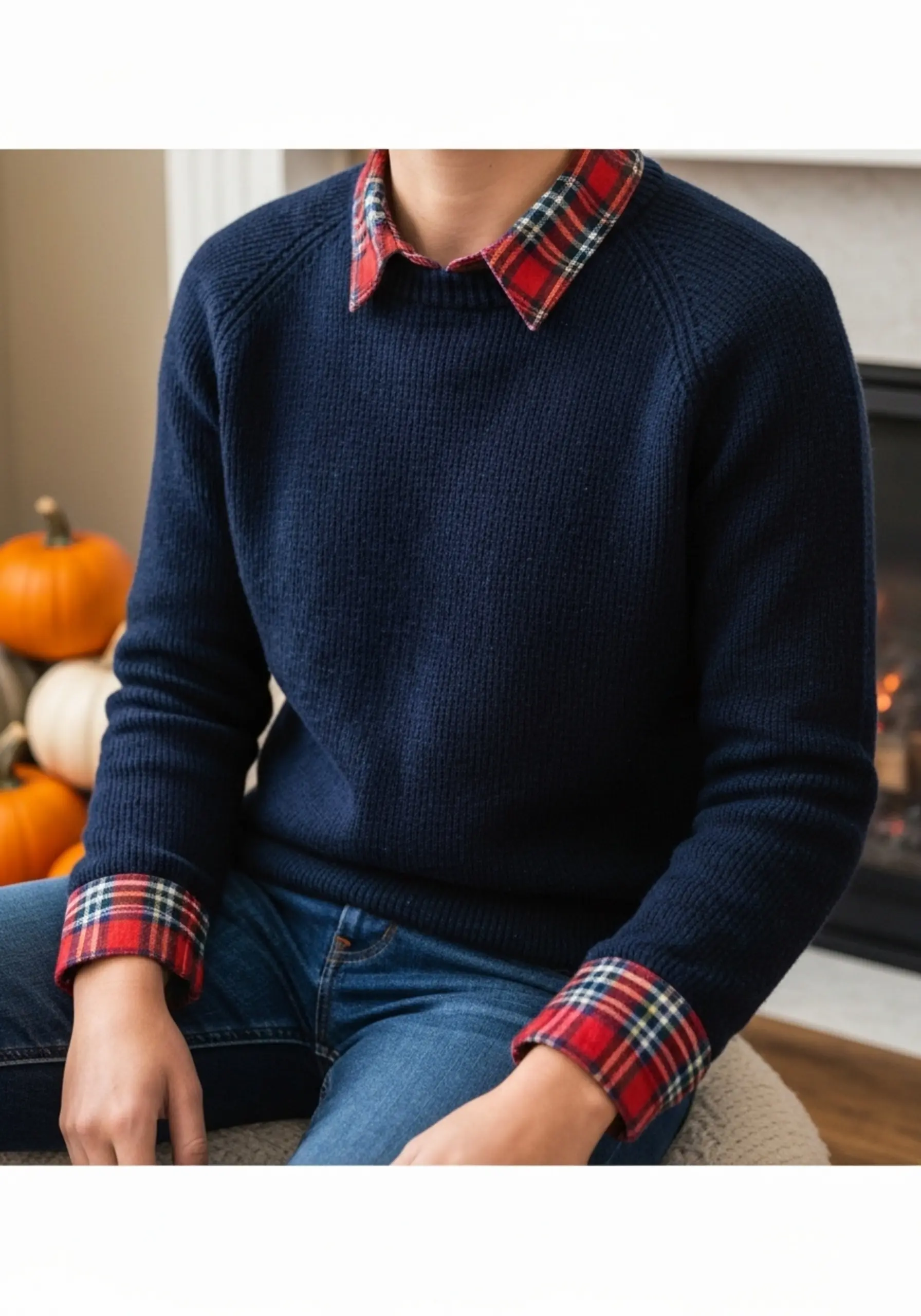 Woman jeans sweater dark with smiling a collar of p wearing the crewneck flannel and wash cuffs out image navy peeking 3 plaid paired
