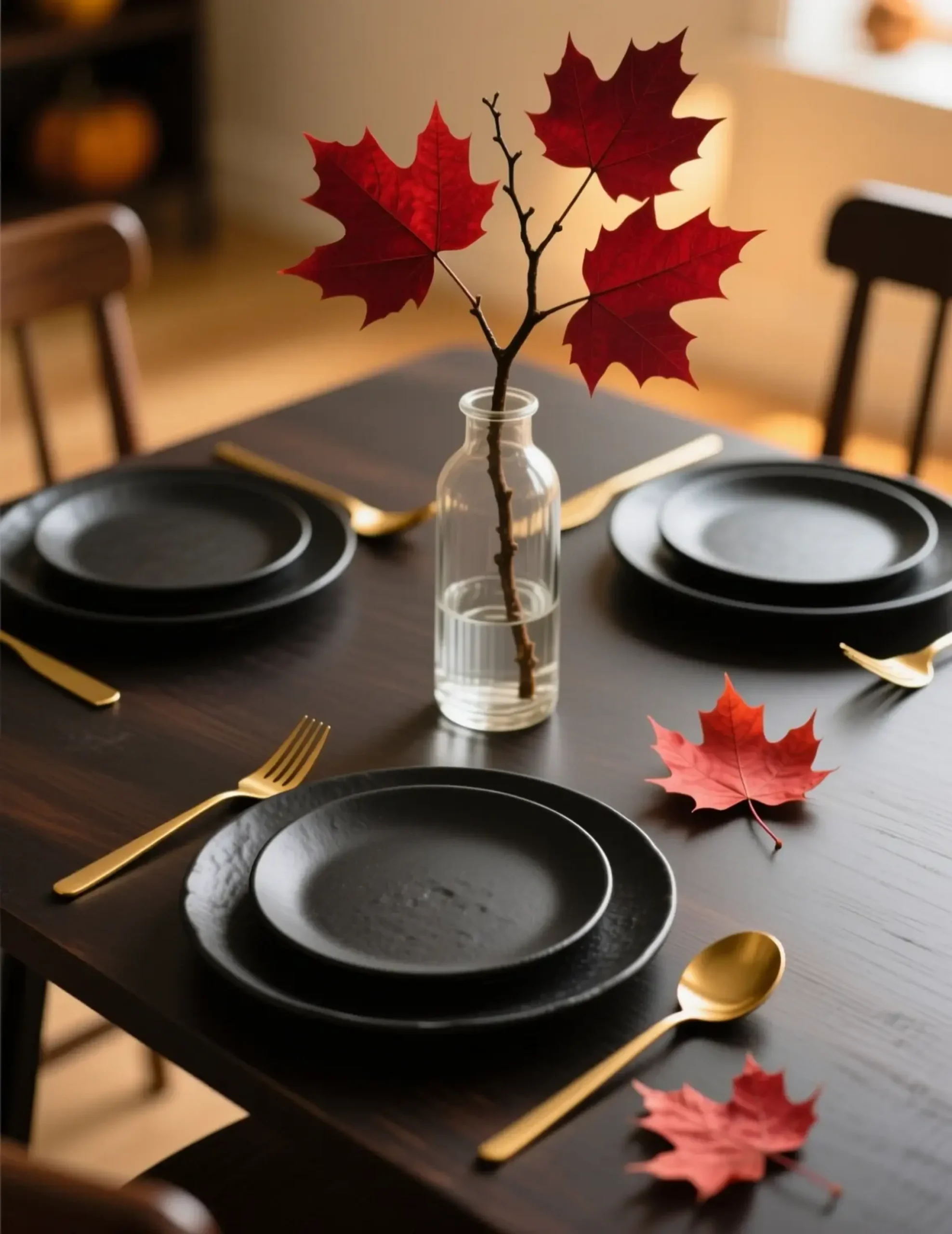 Autumn vase centerpiece black leaves with matte branch a sleek modern p cutlery single the tall gold set glass and deep is clear image dramatic dining plates holding 3 only few red table