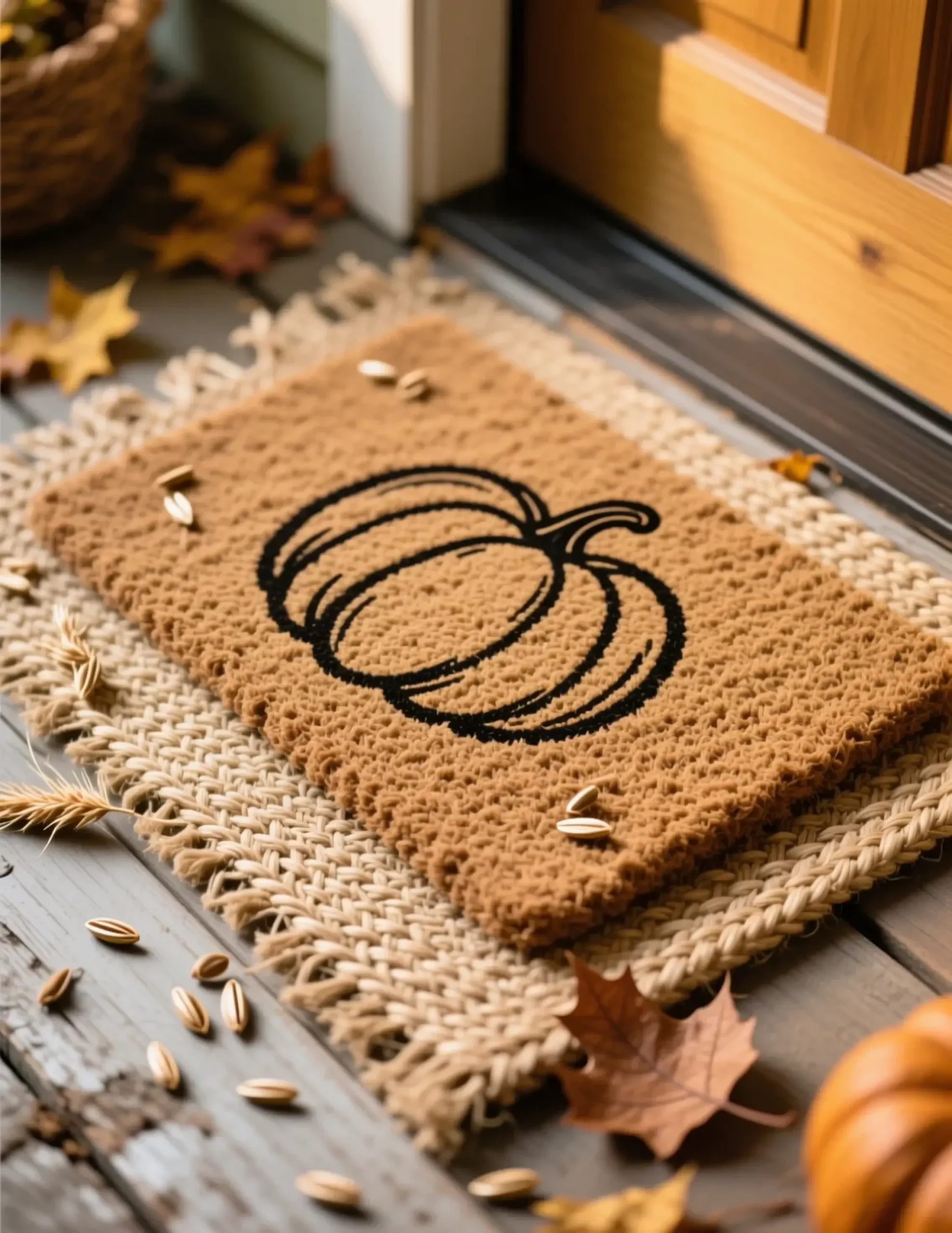 Coir woven rug doormat jute line a of layered p simple featuring drawing beneath is textured image pumpkin 3 elegant