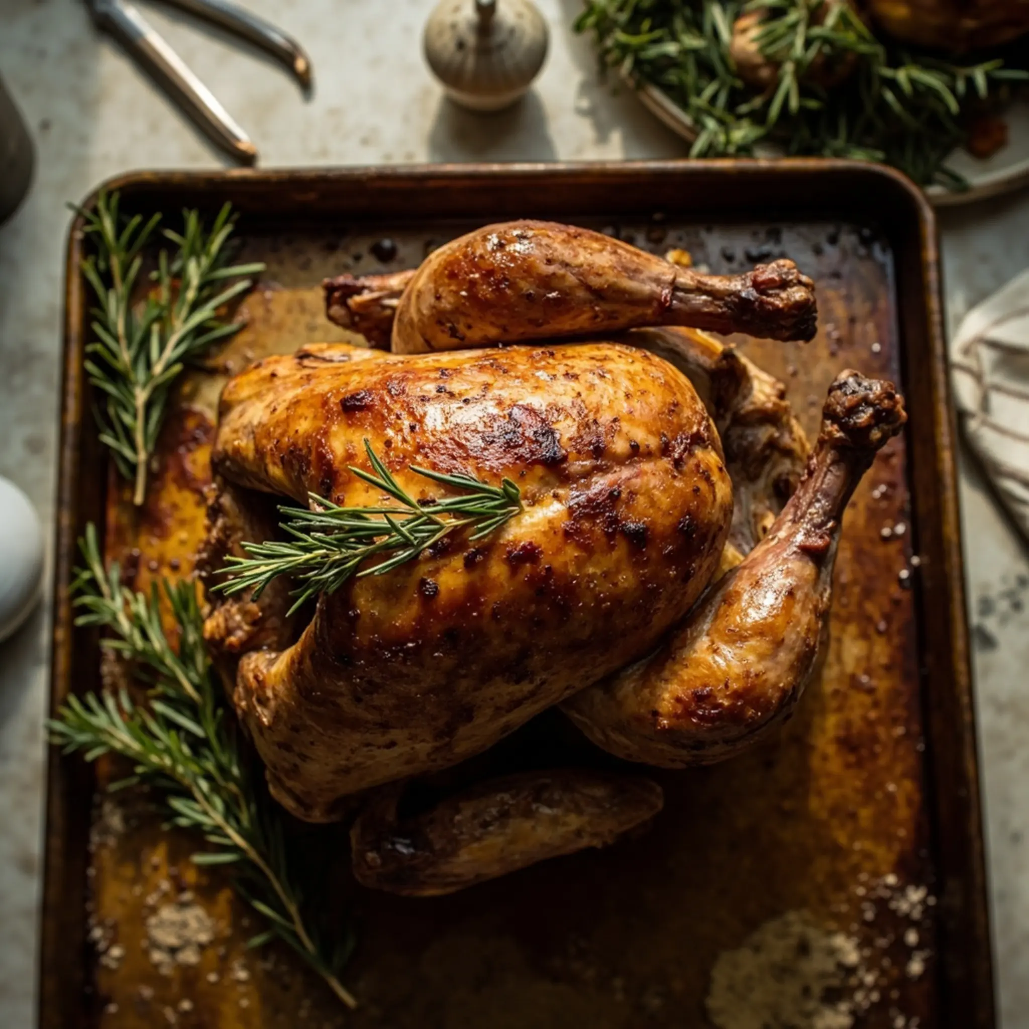 Fresh with on a spatchcocked of sheet p garnished shot and sprigs turkey beautifully browned down image large top rosemary 3 flattened baking