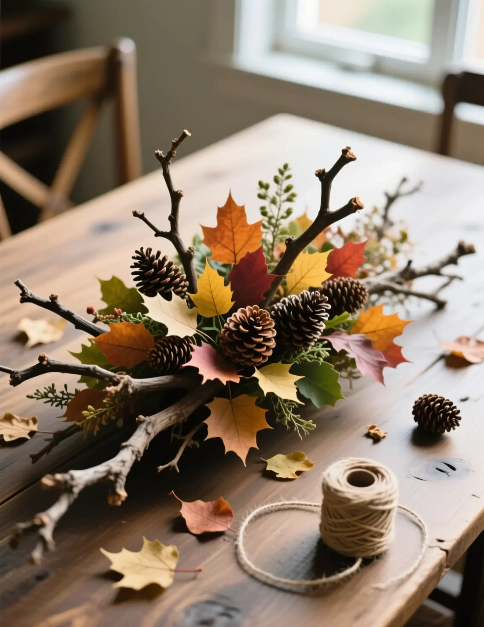 Autumn centerpiece branches leaves creating with made a scattered of p small natural and image rustic dining pinecones long runner 3 table