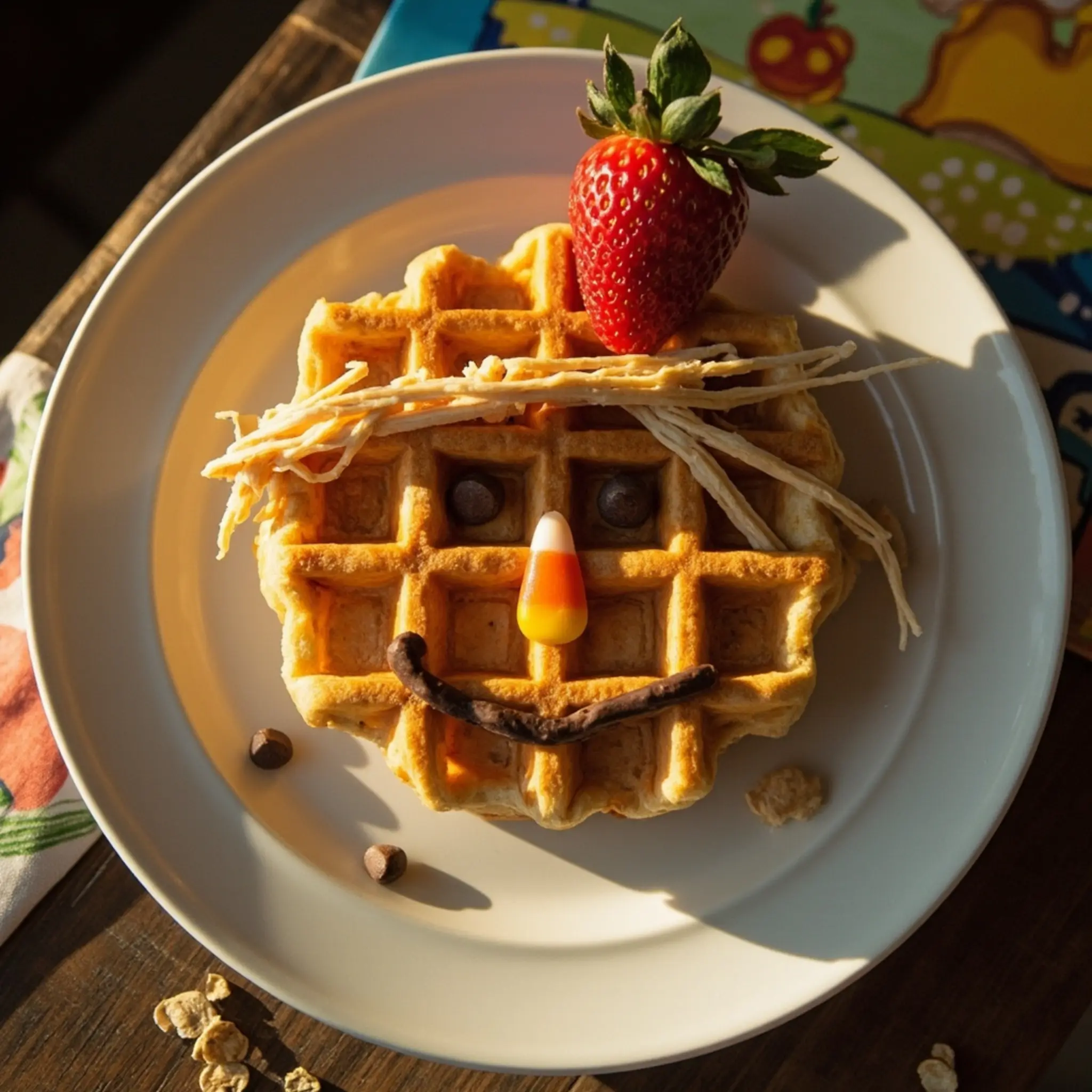 Clearly with strawberry on a face up of decorated p single waffle scarecrow close as image jaunty 3 plate hat