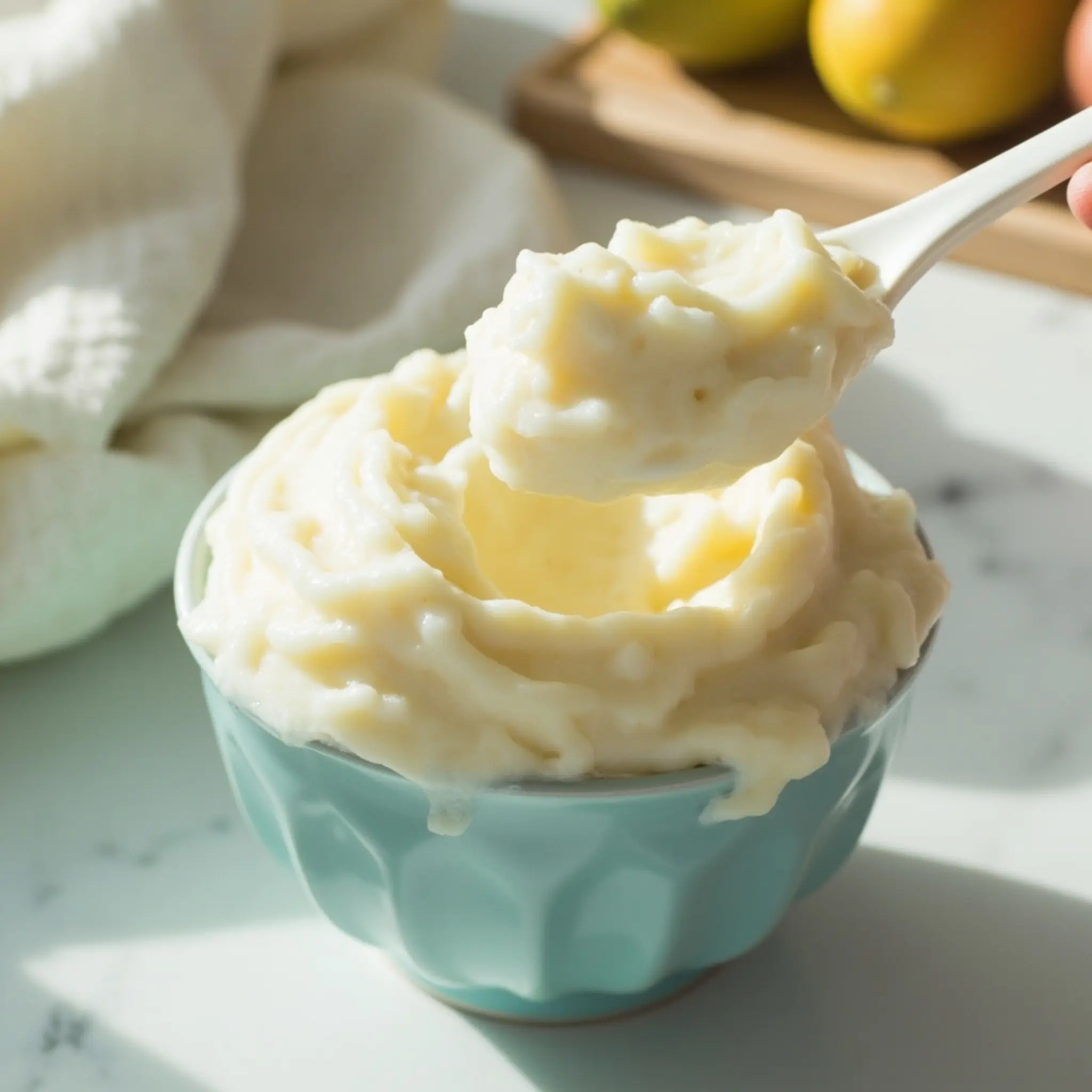 White mashed being from lifted a perfectly small bowl of smooth 3 p spoonful potatoes image