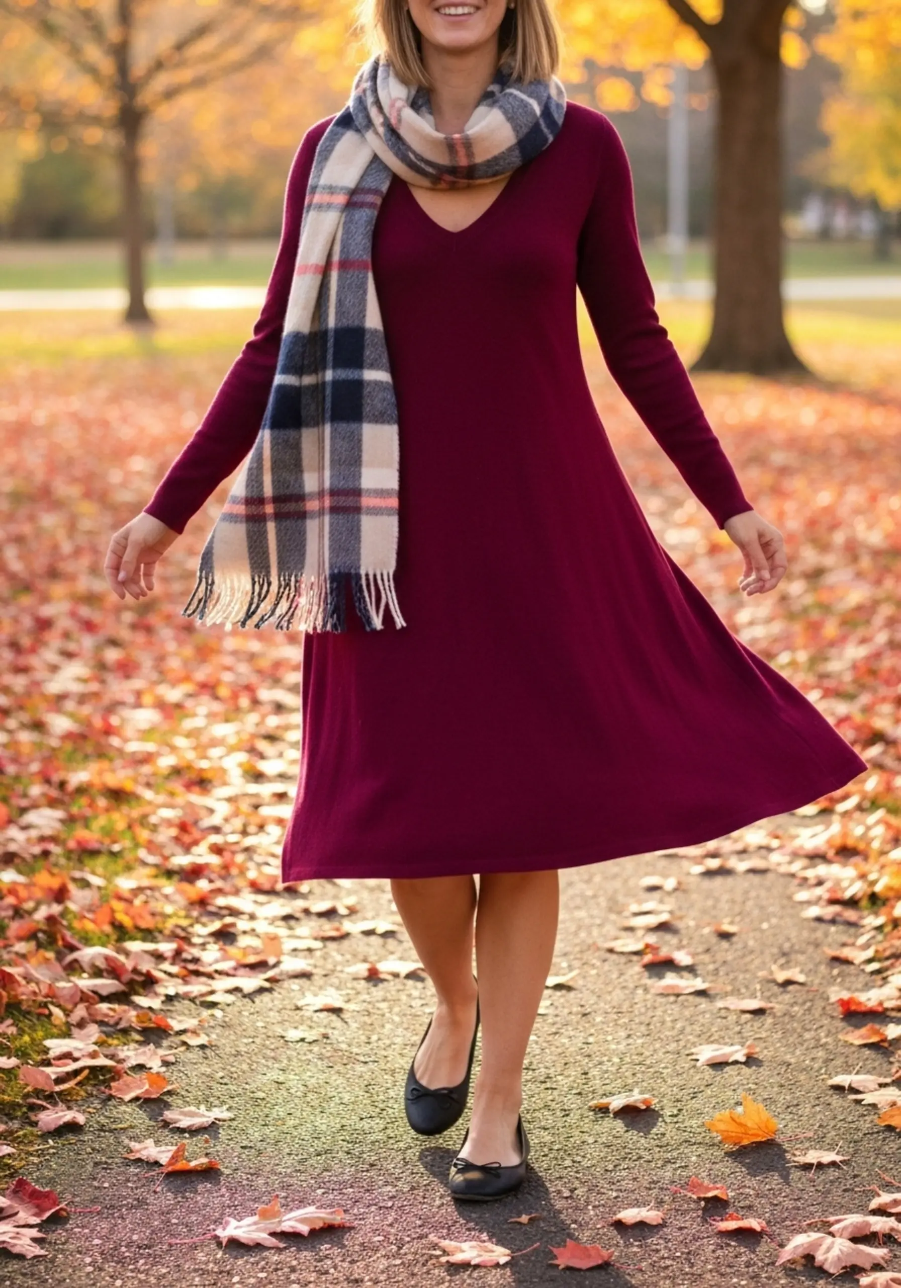 Flats autumn woman black leaves sweater burgundy with dress neck a v p wearing walking simple swing scarf ballet through and styled image 3 plaid