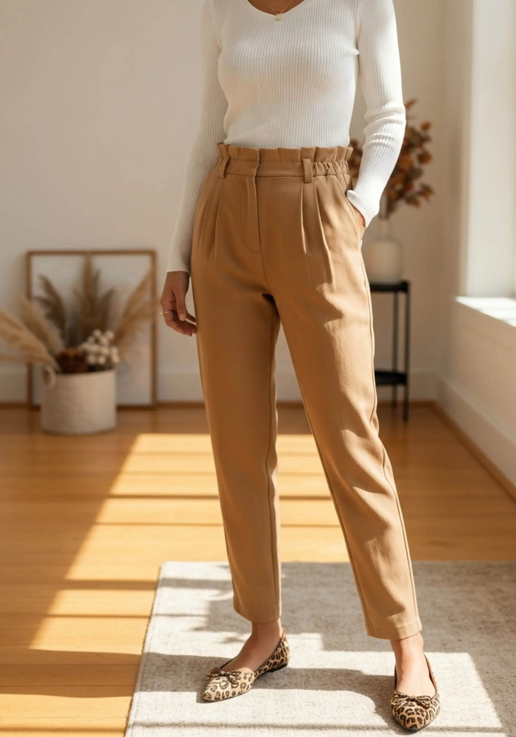 White flats woman knit with a p bag wearing camel tucked in image paper pants fitted completed print top leopard 3 colored