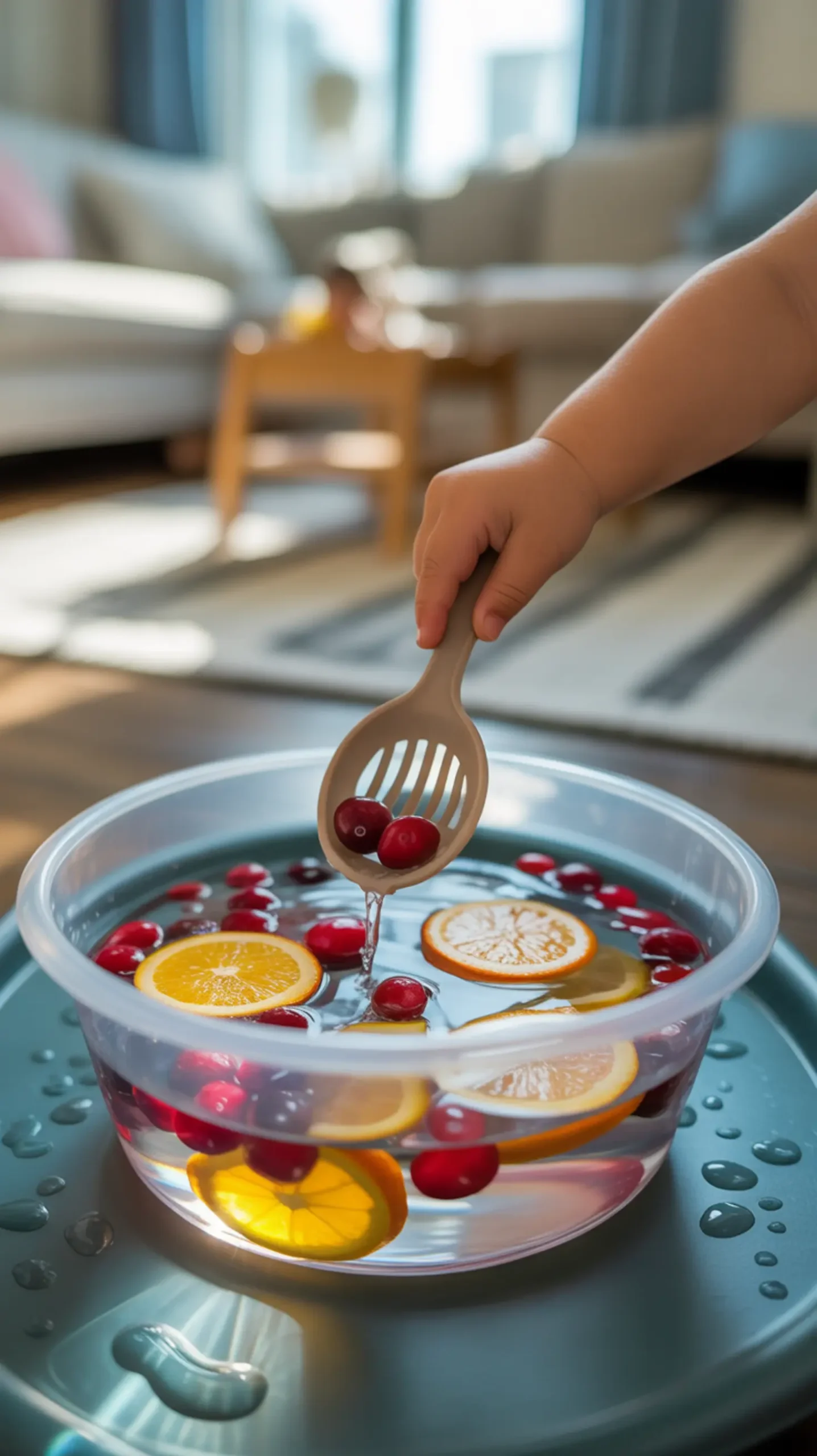 Where slotted bin cranberries hand water orange with on a toddler floating p s small spoon the surface slices and 8217 is in are clear image bright filled plastic reaching 3 red