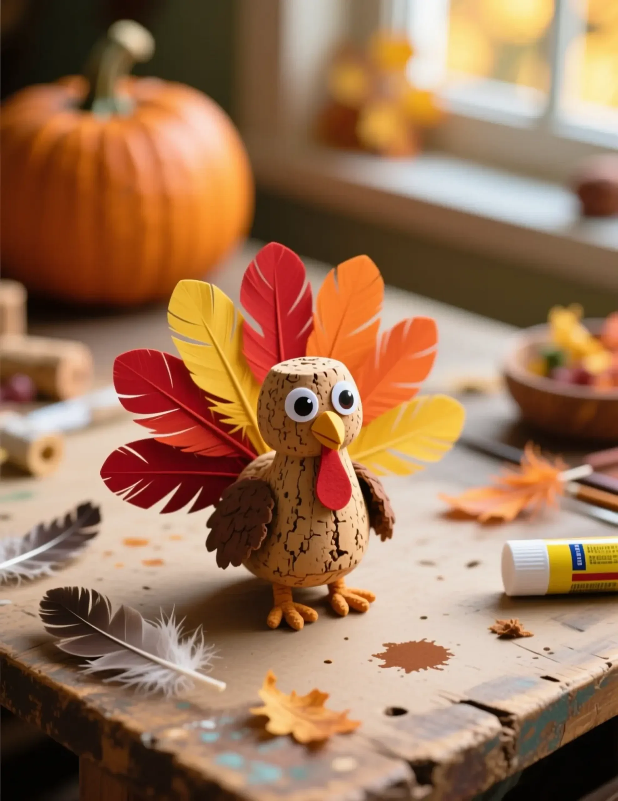 Front eyes cork with made feathers on a googly p wine the mini and an back at turkey colorful out image craft fanned from adorable 3