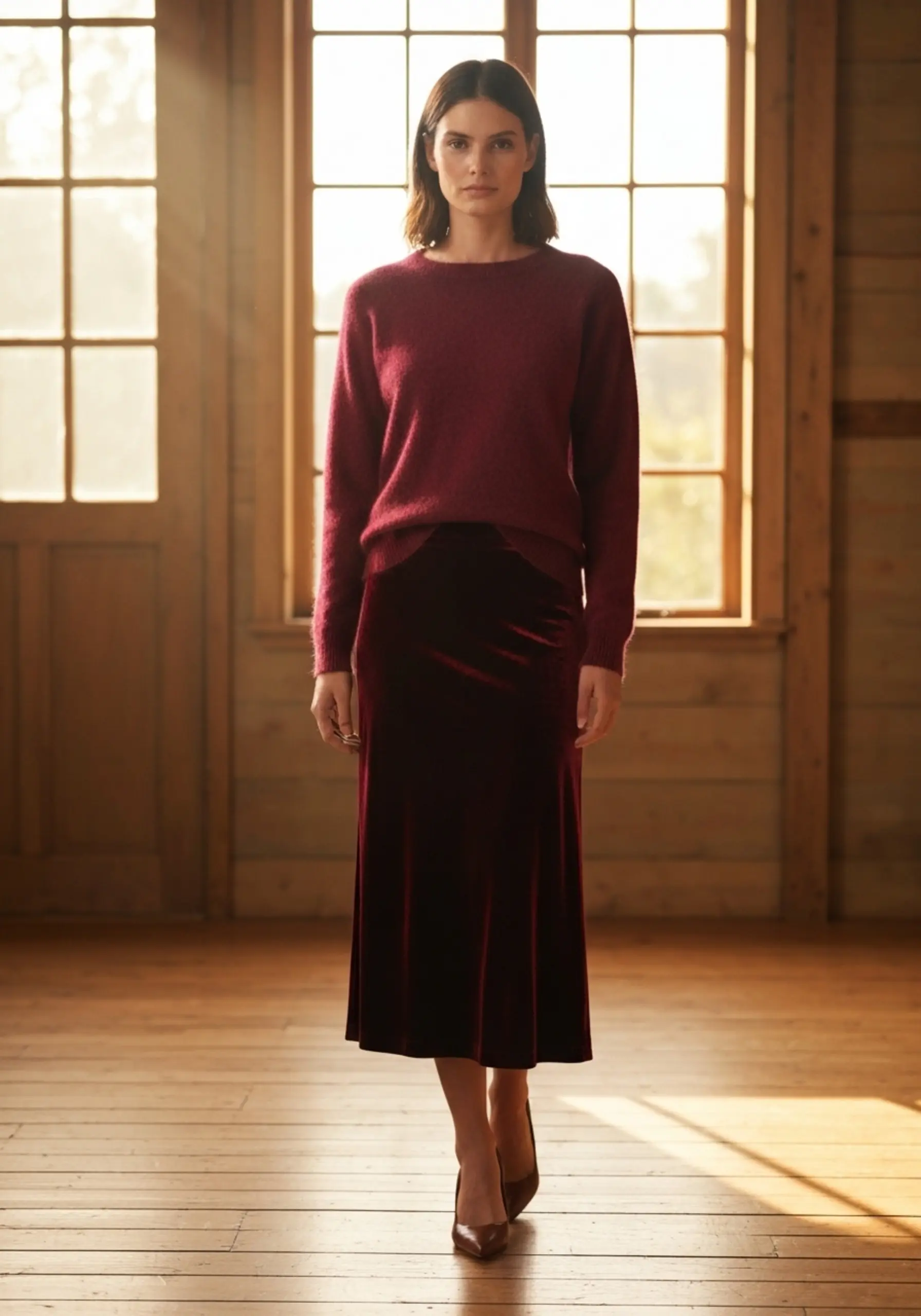 "7 Ways to Style a Satin or Velvet Midi Skirt for Thanksgiving" 3 Full head woman sweater burgundy outfit with looking midi a of skirt p length soft and elegant in image velvet effortlessly pairing matching cashmere 3 to toe photo